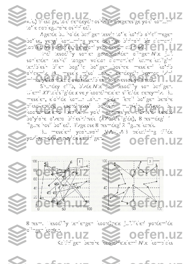 x.k.) pikselga, toki qandaydir oshirish chegarasiga yoki konturni
to’la qoplaguncha oshiriladi.
Agarda   bu   holda   berilgan   tasvir   to’la   ko’rib   chiqilmagan
bo’lsa,   yangi   konturning   yana   boshiga   birinchi   bir   elementi
topiladi va vektorlash jarayoni yana davom ettiriladi.
Endi   tasodifiy   sonlar   generatoridan   olingan   N   ta   juft
sonlardan   tashkil   topgan   vektor   elementlari   ketma-ketligini
tartiblash   bilan   bog’liq   bo’lgan   boshqa   masalani   ko’rib
chiqamiz.   Bu   masala   misol   uchun   qandaydir   barmoq   izini
minusiyalarini aniqlovchi tartiblash bilan assosiyalanadi.
Shunday   qilib,   bizda   N   ta   juft   tasodifiy   son   berilgan.
Ularni   XY   tekisligida   x   va   y   koordinatalar   sifatida   qaraymiz.   Bu
masalan,   alohida   kontur   uchun   noldan   farqli   bo’lgan   barcha
piksellarning   koordinatasi   bo’lishi   mumkin.   Agar   bu
koordinatalarni   berilishi   yoki   generasiya   qilinishi   tartibi
bo’yicha   o’zaro   birlashtirsak   ( XY   tekisligida),   8-rasmdagi   1-
figura hosil bo’ladi. Bizga esa 8-rasmdagi 2-figura kerak.
Bu   masalani   yechuvchi   MATLAB   paketining   tilida
yozilgan dastur quyida keltirilgan.
8-rasm.   Tasodifiy   tanlangan   koordinata   juftliklari   yordamida
olingan kontur.
                  Keltirilgan   barcha   koordinatalarni   N   ta   kompleks 