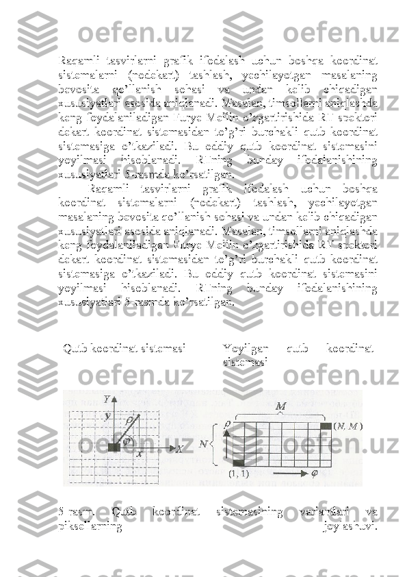 Raqamli   tasvirlarni   grafik   ifodalash   uchun   boshqa   koordinat
sistemalarni   (nodekart)   tashlash,   yechilayotgan   masalaning
bevosita   qo’llanish   sohasi   va   undan   kelib   chiqadigan
xususiyatlari asosida aniqlanadi. Masalan, timsollarni aniqlashda
keng foydalaniladigan Furye-Mellin o’zgartirishida RT spektori
dekart   koordinat   sistemasidan   to’g’ri   burchakli   qutb   koordinat
sistemasiga   o’tkaziladi.   Bu   oddiy   qutb   koordinat   sistemasini
yoyilmasi   hisoblanadi.   RTning   bunday   ifodalanishining
xususiyatlari 5-rasmda ko’rsatilgan.
Raqamli   tasvirlarni   grafik   ifodalash   uchun   boshqa
koordinat   sistemalarni   (nodekart)   tashlash,   yechilayotgan
masalaning bevosita qo’llanish sohasi va undan kelib chiqadigan
xususiyatlari asosida aniqlanadi. Masalan, timsollarni aniqlashda
keng foydalaniladigan Furye-Mellin o’zgartirishida RT spektori
dekart   koordinat   sistemasidan   to’g’ri   burchakli   qutb   koordinat
sistemasiga   o’tkaziladi.   Bu   oddiy   qutb   koordinat   sistemasini
yoyilmasi   hisoblanadi.   RTning   bunday   ifodalanishining
xususiyatlari 5-rasmda ko’rsatilgan.
Qutb koordinat sistemasi Yoyilgan   qutb   koordinat
sistemasi
5-rasm.   Qutb   koordinat   sistemasining   variantlari   va
piksellarning   joylashuvi. 