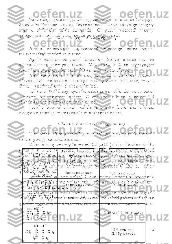 Spirtlardagi  gidroksil  guruhining  vodorodini  aniqlashda  C h uguye-
Serevitsina-Terentev   usulida   foydalaniladi.   Bunda   spirtlarga   magniy
organik   birikmalar   ta’sir   ettilganda   –OH-guruh   vodorodi   magniy
galogenga almashinadi va uglevodorod ajralib chiqadi:
Ajralib   chiqayotgan   uglevodorod   miqdoriga   qarab   spirtni
aralashmadagi miqdori aniqlanadi.
Ayrim   vakillari   va   ularni   ishlatilishi .   Spirtlar   orasida   metil   va
etil   spirtlarning   ahamiyati   kattadir.   Metil   spirti   54 0
C   da   qaynaydigan
suyuqlik, o’ta zaharli. San o atda  C O va  H
2  dan sintez qilinadi.  
Metil   spirti   asosan   chumoli   aldegidi   ishlab   chiqarishda,   erituvchi
sifatida,   turli   molekulalar   tarkibiga   metil   guruhini   kiritishda,   metil-,
dimetil- va trimetilamin olishda ishlatiladi.
Etil spirti 78,4 0
C  qaynaydi. Sanoatda asosan etilendan va pentozan
saqlovchi   birikmalardan   olinadi.   U   erituvchi   sifatida   butadiyen-1,3
olishda va oziq-ovqat sanoatida ishlatiladi.
Propil-,   izopropil-,   butil   spirtlar   sirt   aktiv   birikmalar   olishda,
aldegid va ketonlar, murakkab efirlar olishda ishlatiladi.
4.2. Ikki atomli spirtlar (glikollar)
Tuzilishida   ikkita   gidroksil   guruhi   bo’lgan   birikmalar   ikki   atomli
spirtlar yoki glikollar deb ataladi. 
Glikollarning umumiy formulasi   C
n H
2n (OH)
2   bilan ifodalanadi. Bu
yerda   n      2   bo’lishi   kerak.   Chunki   CH
2 (OH)
2   tarkibli   spirt   mavjud
emas.   Bitta   uglerod   atomi   ikkita   gidroksil   guruhini   ushlab   turolmaydi,
natijada   undan   suv   molekulasi   ajratib   chiqib,   chumoli   aldegidini   hosil
qiladi. S h uning uchun glikollarning gomologik qatori  CH
2 ( O H)
2  – etilen
glikoldan boshlanadi. 
Izomeriyasi   va  nomlanishi .   Glokollarning   emperik   va  sistematik
nomenklatura   bo’yicha   nomlash   qabul   qilingan.   Quyida   biz   glikollarni
nomlashga misollar keltiramiz.
Glikollarni   sistematik   nomenklatura   bo’yicha   nomlashda   tegishli
to’yingan   uglevodorod   nomi   oxiriga   diol   qo’shimchasi   qo’shiladi   va
gidroksil   guruhlari   hamda   radikallarning   holatlari   raqamlar   bilan
ko’rsatiladi.
9R –OH   +  CH	3MgJ             R 	–O –MgJ  	+  CH	4	R –OH   +  CH	3MgJ             R 	–O –MgJ  	+  CH	4	
Формуласи	Эмпирик номенклатура 	
буйича	номи 	
Систематик номенклатура 	
буйича	номи 	
СН	2OH 	–CH	2OH	
CH	3–CH 	–CH	2	
OH	
CH	2 -CH	2 -CH	2	
CH	2CH	2CH	2CH	2	
CH	2–C 	–CH	3	
OH
CH	3	
CH	3–C 	–C 	–CH	2 	
H3C	
OH	OH	
OH	OH	
OH	
CH	3	
OH	HO	
Этиленгликоль
Пропиленгликоль	
OH	
Триметиленгликоль
Тетраметиленгликоль	
1,2	-этандиол	
1,2	-пропандиол	
1,3	-пропандиол	
1,4	-бутандиол	
2-метил	-1,2	-пропандиол	
2,3	-диметил	-	
2,3	-бутандиол	
Формуласи	Эмпирик номенклатура 	
буйича	номи 	
Систематик номенклатура 	
буйича	номи 	
СН	2OH 	–CH	2OH	
CH	3–CH 	–CH	2	
OH	
CH	2 -CH	2 -CH	2	
CH	2CH	2CH	2CH	2	
CH	2–C 	–CH	3	
OH
CH	3	
CH	3–C 	–C 	–CH	2 	
H3C	
OH	OH	
OH	OH	
OH	
CH	3	
OH	HO	
Этиленгликоль
Пропиленгликоль	
OH	
Триметиленгликоль
Тетраметиленгликоль	
1,2	-этандиол	
1,2	-пропандиол	
1,3	-пропандиол	
1,4	-бутандиол	
2-метил	-1,2	-пропандиол	
2,3	-диметил	-	
2,3	-бутандиол 