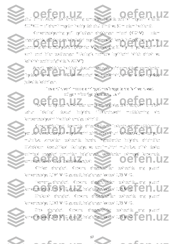 qbul   qlindi.   Zararli   tashlamalarning   atmosfera   hvosida   tarqlish   maydoni   sifatida
600*800 m o‘lchamli maydon hsobiy deb qbul qlindi va 50 m qdam hsoblandi. 
Konsentratsiyaning   yo‘l   qyiladigan   cheklangan   miqori   (KChM)   –   odam
organizmida   reflektor   reaksiyalarini   paydo   qlmasligi   kerak   bo‘lgan   hvo,   suv   va
tuproqing konsentratsiyasidir. (Vazirlar Mahamasining 2014 yil 21 yanvardali 14-
sonli   qrori   bilan   tasdiqangan   “Ekologik   normativ   loyihlarini   ishlab   chiqsh   va
kelishish tartibi to‘g‘isida NIZOM”)
Zararli   moddalar   hsoblash   dasturini   aniqash   yo‘riqomasidagi   atamalardan
foydalanildi   va   ularni   KChM   miqorlari   va   nomlanishi,   hmda   kodlari   qyidagi
jadvalda keltirilgan.
Ifloslantiruvchi moddalarning atmosferaga tarqalishi va ruxsat
etilgan miqoriga nisbatan ulushi
Tashkil etilayotgan korxonadan atmosfera havosiga ta'sir darajasini aniqlash
uchun   "ekolog"   dasturi   bo'yicha   ifloslantiruvchi   moddalarning   sirt
kontsentratsiyasini hisoblash amalga oshirildi.
Korxona   faoliyati   davomida   chiqariladigan   ifloslantiruvchi   moddalarning
yer   usti   konsentratsiyasi   maydonlarini   tahlil   qilish   shuni   ko'rsatadiki,   sanitariya   -
muhofaza   zonasidan   tashqarida   barcha   ingredientlar   bo'yicha   chiqindilar
O'zbekiston   Respublikasi   Ekologiya   va   atrof-muhitni   muhofaza   qilish   davlat
qo'mitasi   organlari   tomonidan   belgilangan   kvotalardan   oshmaydi   korxonada
atmosfera havosining ifloslanish darajasi:
Klinker   changlari.   Korxona   chegaralaridan   tashqarida   eng   yuqori
konsentratsiya 0,184 MPC ga etadi, belgilangan kvotasi 0,25 MPC.
Tsement   changlari.   Korxona   chegaralaridan   tashqarida   eng   yuqori
konsentratsiya 0,129 MPC ga etadi, belgilangan kvotasi 0,25 MPC.
Ohaktosh   changlari.   Korxona   chegaralaridan   tashqarida   eng   yuqori
konsentratsiya 0,082 MPC ga etadi, belgilangan kvotasi 0,25 MPC.
Gips   changlari.   Korxona   chegaralaridan   tashqarida   eng   yuqori
konsentratsiya 0,055 MPC ga etadi, belgilangan kvotasi 0,25 MPC.
52 