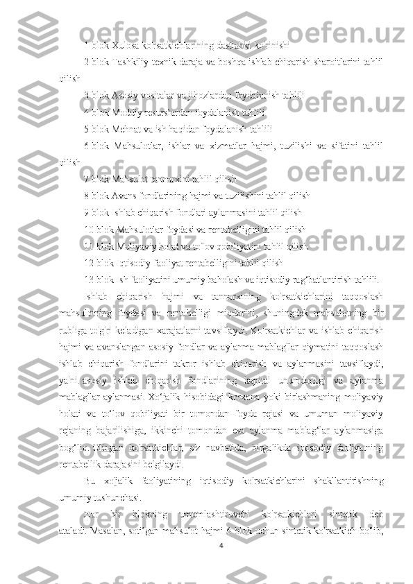 1-blok Xulosa ko'rsatkichlarining dastlabki ko'rinishi
2-blok Tashkiliy-texnik daraja va boshqa ishlab chiqarish sharoitlarini tahlil
qilish
3-blok Asosiy vositalar va jihozlardan foydalanish tahlili
4-blok Moddiy resurslardan foydalanish tahlili
5-blok Mehnat va ish haqidan foydalanish tahlili
6-blok   Mahsulotlar,   ishlar   va   xizmatlar   hajmi,   tuzilishi   va   sifatini   tahlil
qilish
7-blok Mahsulot tannarxini tahlil qilish
8-blok Avans fondlarining hajmi va tuzilishini tahlil qilish
9-blok Ishlab chiqarish fondlari aylanmasini tahlil qilish
10-blok Mahsulotlar foydasi va rentabelligini tahlil qilish
11-blok Moliyaviy holat va to'lov qobiliyatini tahlil qilish
12-blok Iqtisodiy faoliyat rentabelligini tahlil qilish
13-blok Ish faoliyatini umumiy baholash va iqtisodiy rag‘batlantirish tahlili.
Ishlab   chiqarish   hajmi   va   tannarxining   ko'rsatkichlarini   taqqoslash
mahsulotning   foydasi   va   rentabelligi   miqdorini,   shuningdek   mahsulotning   bir
rubliga   to'g'ri   keladigan   xarajatlarni   tavsiflaydi.   Ko'rsatkichlar   va  ishlab   chiqarish
hajmi   va   avanslangan   asosiy   fondlar   va   aylanma   mablag'lar   qiymatini   taqqoslash
ishlab   chiqarish   fondlarini   takror   ishlab   chiqarish   va   aylanmasini   tavsiflaydi,
ya'ni.   asosiy   ishlab   chiqarish   fondlarining   kapital   unumdorligi   va   aylanma
mablag'lar   aylanmasi.   Xo‘jalik   hisobidagi   korxona   yoki   birlashmaning   moliyaviy
holati   va   to‘lov   qobiliyati   bir   tomondan   foyda   rejasi   va   umuman   moliyaviy
rejaning   bajarilishiga,   ikkinchi   tomondan   esa   aylanma   mablag‘lar   aylanmasiga
bog‘liq.   Olingan   ko'rsatkichlar,   o'z   navbatida,   birgalikda   iqtisodiy   faoliyatning
rentabellik darajasini belgilaydi.
Bu   xo'jalik   faoliyatining   iqtisodiy   ko'rsatkichlarini   shakllantirishning
umumiy tushunchasi.
Har   bir   blokning   umumlashtiruvchi   ko'rsatkichlari   sintetik   deb
ataladi.   Masalan, sotilgan mahsulot hajmi 6-blok uchun sintetik ko'rsatkich bo'lib,
4 