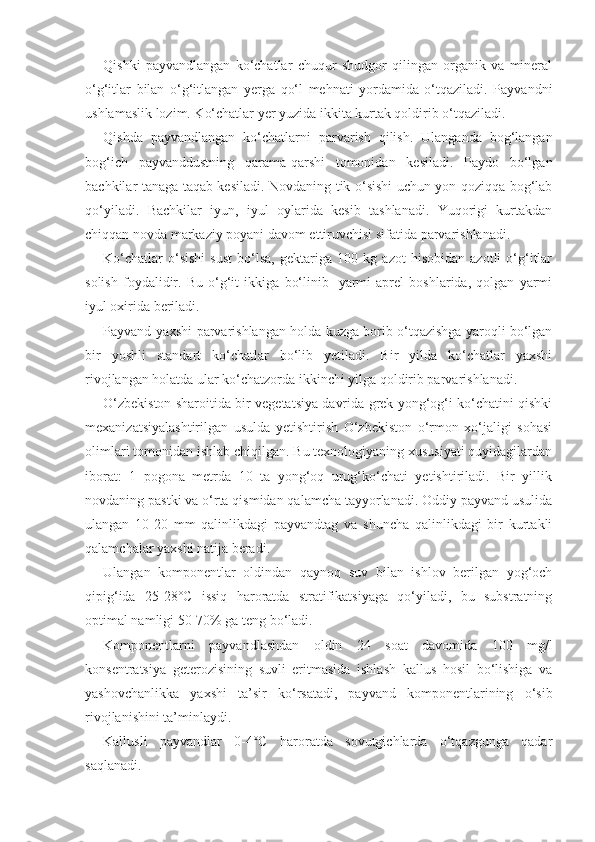 Qishki   payvandlangan   ko‘chatlar   chuqur   shudgor   qilingan   organik   va   mineral
o‘g‘itlar   bilan   o‘g‘itlangan   yerga   qo‘l   mehnati   yordamida   o‘tqaziladi.   Payvandni
ushlamaslik lozim. Ko‘chatlar yer yuzida ikkita kurtak qoldirib o‘tqaziladi.
Qishda   payvandlangan   ko‘chatlarni   parvarish   qilish.   Ulanganda   bog‘langan
bog‘ich   payvanddustning   qarama-qarshi   tomonidan   kesiladi.   Paydo   bo‘lgan
bachkilar tanaga taqab kesiladi. Novdaning tik o‘sishi uchun yon qoziqqa bog‘lab
qo‘yiladi.   Bachkilar   iyun,   iyul   oylarida   kesib   tashlanadi.   Yuqorigi   kurtakdan
chiqqan novda markaziy poyani davom ettiruvchisi sifatida parvarishlanadi.
Ko‘chatlar   o‘sishi   sust   bo‘lsa,   gektariga   100   kg   azot   hisobidan   azotli   o‘g‘itlar
solish   foydalidir.   Bu   o‘g‘it   ikkiga   bo‘linib-   yarmi   aprel   boshlarida,   qolgan   yarmi
iyul oxirida beriladi.
Payvand yaxshi parvarishlangan holda kuzga borib o‘tqazishga yaroqli bo‘lgan
bir   yoshli   standart   ko‘chatlar   bo‘lib   yetiladi.   Bir   yilda   ko‘chatlar   yaxshi
rivojlangan holatda ular ko‘chatzorda ikkinchi yilga qoldirib parvarishlanadi.
O‘zbekiston sharoitida bir vegetatsiya davrida grek yong‘og‘i ko‘chatini qishki
mexanizatsiyalashtirilgan   usulda   yetishtirish   O‘zbekiston   o‘rmon   xo‘jaligi   sohasi
olimlari tomonidan ishlab chiqilgan. Bu texnologiyaning xususiyati quyidagilardan
iborat:   1   pogona   metrda   10   ta   yong‘oq   urug‘ko‘chati   yetishtiriladi.   Bir   yillik
novdaning pastki va o‘rta qismidan qalamcha tayyorlanadi. Oddiy payvand usulida
ulangan   10-20   mm   qalinlikdagi   payvandtag   va   shuncha   qalinlikdagi   bir   kurtakli
qalamchalar yaxshi natija beradi.
Ulangan   komponentlar   oldindan   qaynoq   suv   bilan   ishlov   berilgan   yog‘och
qipig‘ida   25-28°C   issiq   haroratda   stratifikatsiyaga   qo‘yiladi,   bu   substratning
optimal namligi 50-70% ga teng bo‘ladi.
Komponentlarni   payvandlashdan   oldin   24   soat   davomida   100   mg/l
konsentratsiya   geterozisining   suvli   eritmasida   ishlash   kallus   hosil   bo‘lishiga   va
yashovchanlikka   yaxshi   ta’sir   ko‘rsatadi,   payvand   komponentlarining   o‘sib
rivojlanishini ta’minlaydi.
Kallusli   payvandlar   0-4°C   haroratda   sovutgichlarda   o‘tqazgunga   qadar
saqlanadi. 