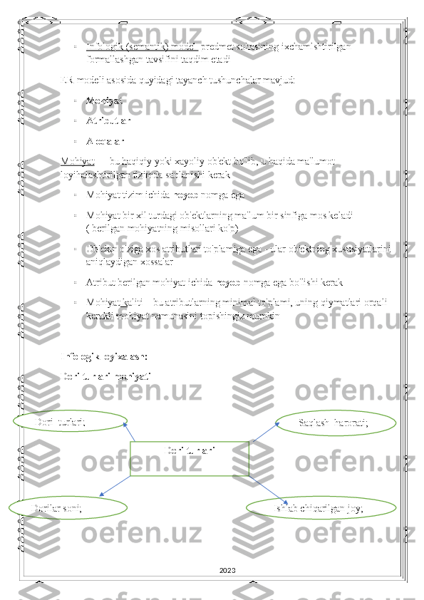 • Infologik (semantik) model      predmet sohasining ixchamlshtirilgan 
formallashgan tavsifini taqdim etadi
ER-modeli asosida quyidagi tayanch tushunchalar mavjud:
• Mohiyat
• Atributlar
• Aloqalar
Mohiyat  —  bu   haqiqiy   yoki   xayoliy   ob ' ekt   bo ' lib ,  u   haqida   ma ' lumot  
loyihalashtirilgan   tizimda   saqlanishi   kerak
• Mohiyat tizim ichida  noyob  nomga ega
• Mohiyat bir xil turdagi ob'ektlarning ma'lum bir sinfiga mos keladi 
( berilgan mohiyatning misollari ko'p)
• Ob'ektn o'ziga xos atributlari to'plamiga ega - ular ob'ektning xususiyatlarini 
aniqlaydigan xossalar
• Atribut berilgan mohiyat ichida  noyob  nomga ega bo'lishi kerak 
• Mohiyat kaliti     – bu atributlarning minimal to'plami, uning qiymatlari orqali  
kerakli mohiyat namunasini topishingiz mumkin 
Infologik loyixalash:
Dori turlari mohiyati
2023Dori turlari Saqlash_harorati;Dori_turlari;
Dorilar soni; Ishlab chiqarilgan joy; 