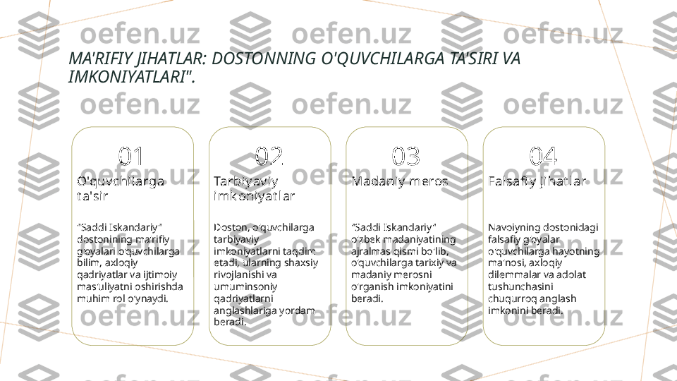 MA'RIFIY JIHATLAR: DOSTONNING O'QUVCHILARGA TA'SIRI VA 
IMKONIYATLARI".
01
O'quv chilarga 
t a'sir
"Saddi Iskandariy" 
dostonining ma'rifiy 
g'oyalari o'quvchilarga 
bilim, axloqiy 
qadriyatlar va ijtimoiy 
mas'uliyatni oshirishda 
muhim rol o'ynaydi. 02
Tarbiy av iy  
imk oniy at lar
Doston, o'quvchilarga 
tarbiyaviy 
imkoniyatlarni taqdim 
etadi, ularning shaxsiy 
rivojlanishi va 
umuminsoniy 
qadriyatlarni 
anglashlariga yordam 
beradi. 03
Madaniy  meros
"Saddi Iskandariy" 
o'zbek madaniyatining 
ajralmas qismi bo'lib, 
o'quvchilarga tarixiy va 
madaniy merosni 
o'rganish imkoniyatini 
beradi. 04
Fal safi y  j ihat lar
Navoiyning dostonidagi 
falsafiy g'oyalar 
o'quvchilarga hayotning 
ma'nosi, axloqiy 
dilemmalar va adolat 
tushunchasini 
chuqurroq anglash 
imkonini beradi.        