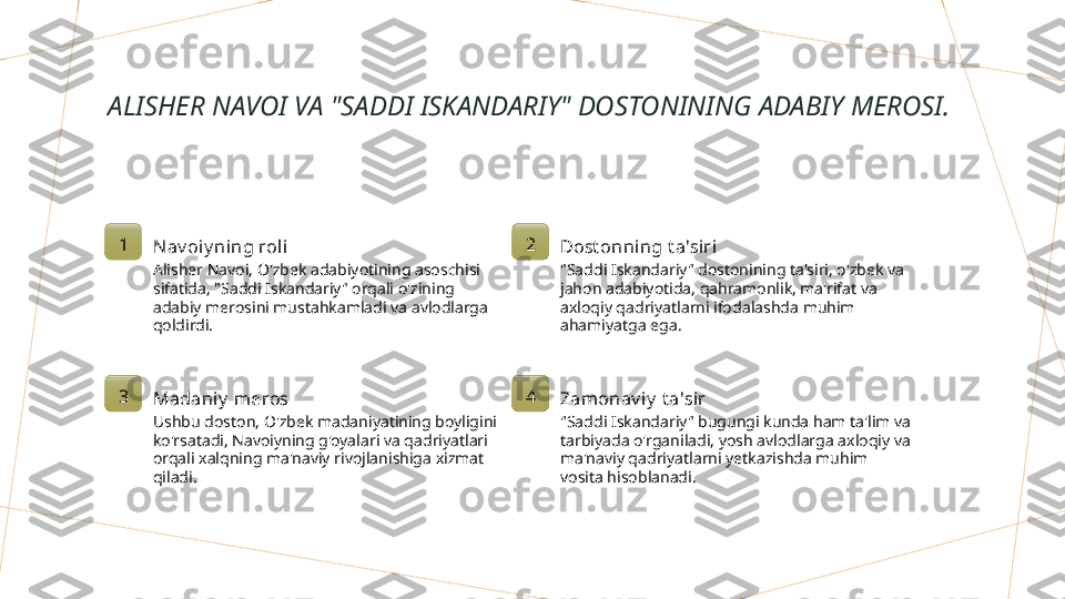 ALISHER NAVOI VA "SADDI ISKANDARIY" DOSTONINING ADABIY MEROSI.
1
Nav oiy ning roli
Alisher Navoi, O'zbek adabiyotining asoschisi 
sifatida, "Saddi Iskandariy" orqali o'zining 
adabiy merosini mustahkamladi va avlodlarga 
qoldirdi. 2
Dost onning t a'siri
"Saddi Iskandariy" dostonining ta'siri, o'zbek va 
jahon adabiyotida, qahramonlik, ma'rifat va 
axloqiy qadriyatlarni ifodalashda muhim 
ahamiyatga ega.
3
Madaniy  meros
Ushbu doston, O'zbek madaniyatining boyligini 
ko'rsatadi, Navoiyning g'oyalari va qadriyatlari 
orqali xalqning ma'naviy rivojlanishiga xizmat 
qiladi. 4
Zamonav i y  t a'sir
"Saddi Iskandariy" bugungi kunda ham ta'lim va 
tarbiyada o'rganiladi, yosh avlodlarga axloqiy va 
ma'naviy qadriyatlarni yetkazishda muhim 
vosita hisoblanadi.        