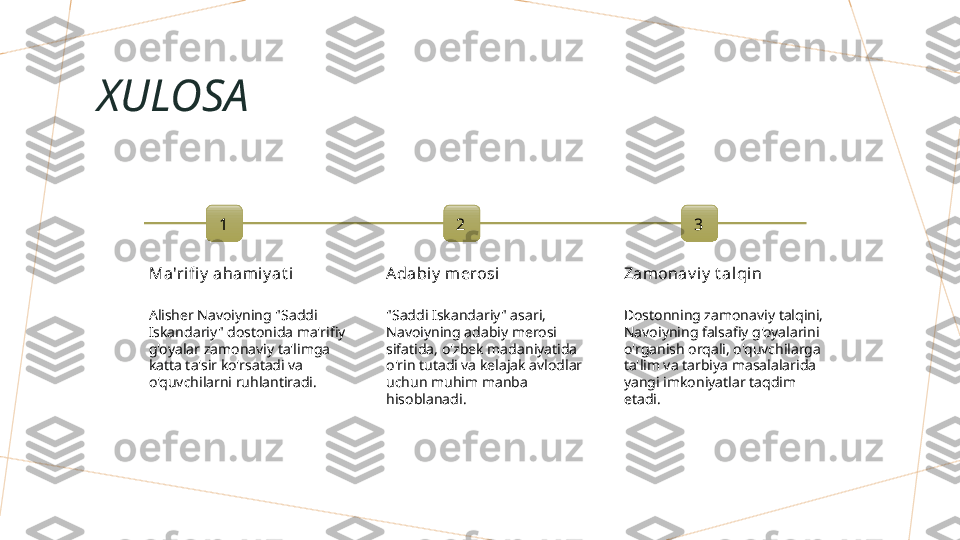 XULOSA
1
Ma'rifi y  ahamiy at i
Alisher Navoiyning "Saddi 
Iskandariy" dostonida ma'rifiy 
g'oyalar zamonaviy ta'limga 
katta ta'sir ko'rsatadi va 
o'quvchilarni ruhlantiradi. 2
Adabiy  merosi
"Saddi Iskandariy" asari, 
Navoiyning adabiy merosi 
sifatida, o'zbek madaniyatida 
o'rin tutadi va kelajak avlodlar 
uchun muhim manba 
hisoblanadi. 3
Zamonav i y  t alqin
Dostonning zamonaviy talqini, 
Navoiyning falsafiy g'oyalarini 
o'rganish orqali, o'quvchilarga 
ta'lim va tarbiya masalalarida 
yangi imkoniyatlar taqdim 
etadi.        