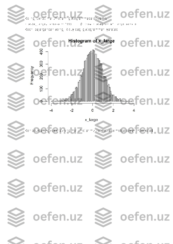 Keling, ushbu ma'lumotlarni gistogrammada chizamiz:
hist(x_large, breaks	 = 100)          	# Draw	 histogram	 of	 large	 sample
Kodni bajargandan so'ng, R quyidagi gistogrammani yaratadi.
Ko'rib turganingizdek, bizning ma'lumotlarimiz normal taqsimotga deyarli mos keladi. 