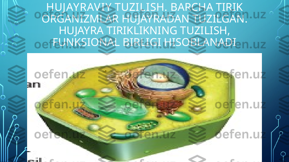 HUJ AY RAVIY  TUZI LISH.  BARCHA TIRIK 
ORGANIZMLAR HUJAYRADAN  TUZILGAN. 
HUJAYRA TIRIKLIKNING TUZILISH, 
FUNKSIONAL BIRLIGI HISOBLANADI  