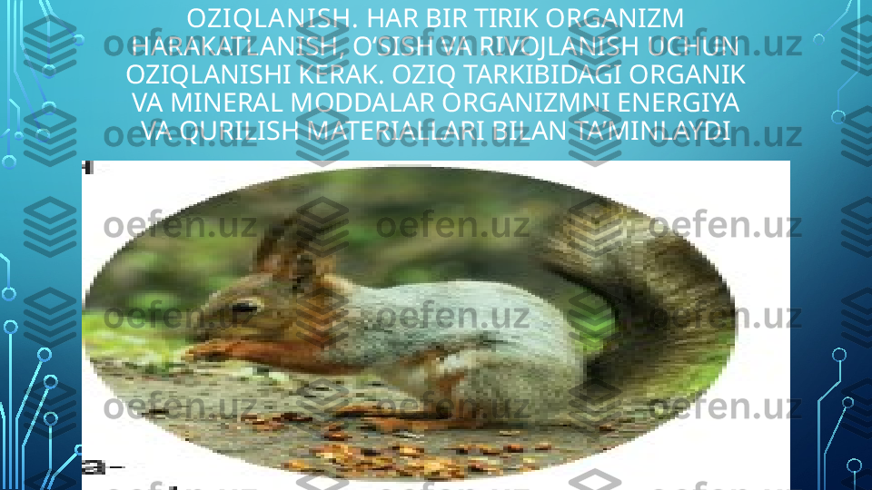 OZIQLA N ISH.  HAR BIR TIRIK ORGANIZM
HARAKATLANISH, OʻSISH VA RIVOJLANISH UCHUN
OZIQLANISHI KERAK. OZIQ TARKIBIDAGI ORGANIK
VA MINERAL MODDALAR ORGANIZMNI ENERGIYA
VA QURILISH MATERIALLARI BILAN TA’MINLAYDI  