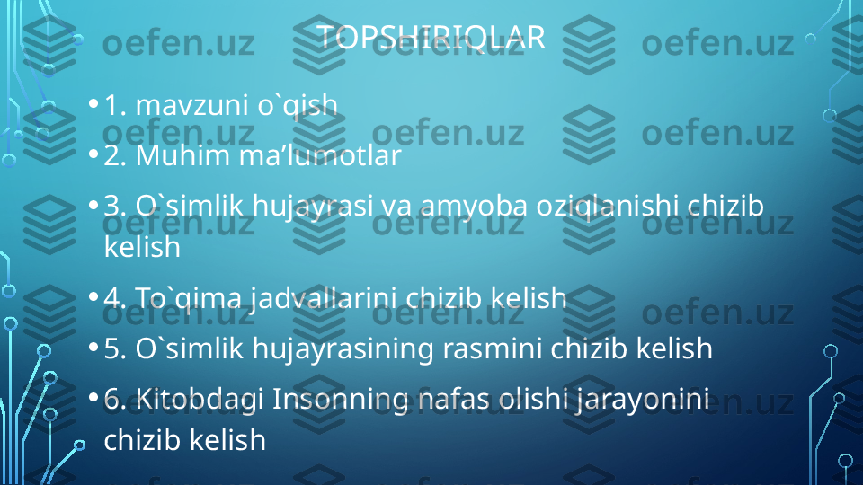 TOPSHIRIQLAR
• 1. mavzuni o`qish
• 2. Muhim ma’lumotlar
• 3. O`simlik hujayrasi va amyoba oziqlanishi chizib 
kelish
• 4. To`qima jadvallarini chizib kelish
• 5. O`simlik hujayrasining rasmini chizib kelish
• 6. Kitobdagi Insonning nafas olishi jarayonini 
chizib kelish  