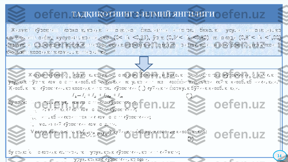   Хизмат  кўрсатиш  корхоналарида  инновацион  фаолиятни  интеграл  баҳолаш  усули  инновациялар 
ҳолатининг  сифат  хусусиятларини  паст  (0≤  Ik  <0,33),  ўрта  (0,34≤  Ik  <0,80)  ва  юқори  (0,81≤  Ik  <1,00) 
даражали  гuрuҳларга  табақалаштириш  ҳамда  корxона  инновацион  ривожланишининг  реал  динамикасини 
аниқлаш асосида такомиллаштирилган.
              Хизмат  кўрсатиш  корхоналарида  инновацион  фаолиятни  баҳолашнинг  интеграл  кўрсаткичини  аниқлаш 
усулида  тўртта  компонент  ҳисоблаб  чиқилади  ва  уларнинг  вазн  коеффитсиентлари  қайта  ҳисоблаб  чиқилади. 
Ҳисобланган кўрсаткичлар асосида интеграл кўрсаткич (I
k ) қуйидаги формула бўйича ҳисобланади .
                                                                                                                                   (1)
бу  е рда :      I
i  –  интеллектуал компонентнинг к ў рсаткичи ;
                    I
it  – илмий тадқиқот компоненти кўрсаткичи; 
I
icht  – ишлаб чиқариш-техник компонент кўрсаткичи; 
I
m  – молиявий кўрсаткич компоненти.
Мазкур компонентлар (I
i , I
it , I
icht , I
m ) қуйидаги формула асосида ҳисобланади: 
                                                                                                                                    (2)
бу ерда:  k
i  – юқорида келтирилган гуруҳларда кўрсаткичларнинг қиймати;
          n  – гуруҳлардаги кўрсаткичлар сони. ТАДҚИҚОТНИНГ 2-ИЛМИЙ ЯНГИЛИГИ 
14m	icht	it	i	k	I	I	I	I	I					
n	K	I	i	
n
i	/)	(	1			    