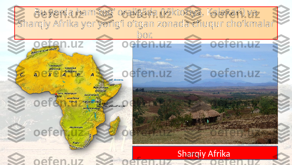 Bu yerda ham tog‘ oralig‘ida (Viktoriya, Kalaxari) va 
Sharqiy Afrika yer yorig‘i o‘tgan   zonada chuqur cho‘kmalar 
bor. 
KalaxariSharqiy Afrika   