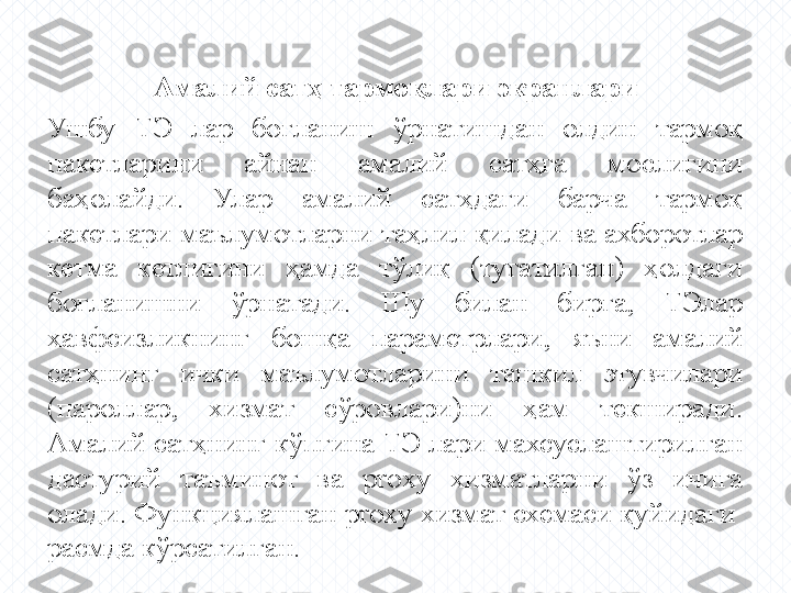 Амалий сатҳ тармоқлари экранлари
Ушбу  ТЭ  лар  боғланиш  ўрнатишдан  олдин  тармоқ 
пакетларини  айнан  амалий  сатҳга  мослигини 
баҳолайди.  Улар  амалий  сатҳдаги  барча  тармоқ 
пакетлари маълумотларни таҳлил қилади ва ахборотлар 
кетма  кетлигини  ҳамда  тўлиқ  (тугатилган)  ҳолдаги 
боғланишни  ўрнатади.  Шу  билан  бирга,  ТЭлар 
хавфсизликнинг  бошқа  параметрлари,  яъни  амалий 
сатҳнинг  ички  маълумотларини  ташкил  этувчилари 
(пароллар,  хизмат  сўровлари)ни  ҳам  текширади. 
Амалий сатҳнинг кўпгина ТЭ лари махсуслаштирилган 
дастурий  таъминот  ва  proxy  хизматларни  ўз  ичига 
олади. Функциялашган proxy хизмат схемаси қуйидаги  
расмда кўрсатилган. 