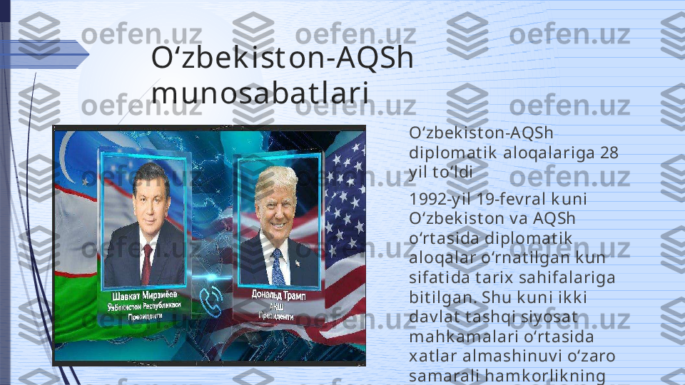 Oʻzbek ist on-AQSh 
munosabat lari
O‘zbek ist on-AQSh 
diplom at ik  aloqalariga 28 
y il t o‘ldi
1992-y il 19-fev ral k uni 
O‘zbek ist on v a AQSh 
o‘rt asida diplom at ik  
aloqalar o‘rnat ilgan k un 
sifat ida t arix  sahifalariga 
bit ilgan. Shu k uni ik k i 
dav lat  t ashqi siy osat  
mahk am alari o‘rt asida 
xat lar alm ashinuv i o‘zaro 
sam arali ham k orlik ning 
izchil riv ojlanishiga zam in 
y arat di.              