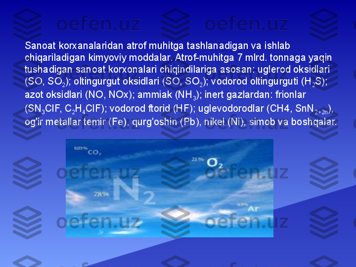 Sanoat korxanalaridan atrof muhitga tashlanadigan va ishlab 
chiqariladigan kimyoviy moddalar. Atrof-muhitga 7 mlrd. tonnaga yaqin 
tushadigan sanoat korxonalari chiqindilariga asosan: uglerod oksidlari 
(SO, SO
2 ); oltingurgut oksidlari (SO, SO
2 ); vodorod oltingurguti (H
2 S); 
azot oksidlari (NO, NOx); ammiak (NH
3 ); inert gazlardan: frionlar 
(SN
3 ClF, C
2 H
4 ClF); vodorod ftorid (HF); uglevodorodlar (CH4, SnN
2+2n ), 
og'ir metallar temir (Fe), qurg'oshin (Pb), nikel (Ni), simob va boshqalar. 