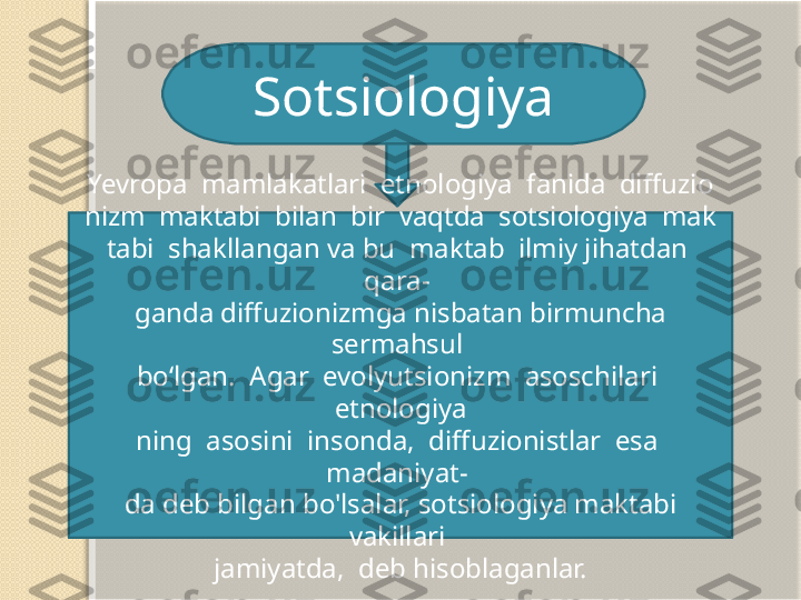 Sotsiologiya
Yevropa  mamlakatlari  etnologiya  fanida  diffuzio 
nizm  maktabi  bilan  bir  vaqtda  sotsiologiya  mak
 
tabi  shakllangan va bu  maktab  ilmiy jihatdan  
qara- 
ganda diffuzionizmga nisbatan birmuncha 
sermahsul 
bo‘lgan.  Agar  evolyutsionizm  asoschilari  
etnologiya	
 
ning  asosini  insonda,  diffuzionistlar  esa  
madaniyat- 
da deb bilgan bo'lsalar, sotsiologiya maktabi 
vakillari 
jamiyatda,  deb hisoblaganlar.   