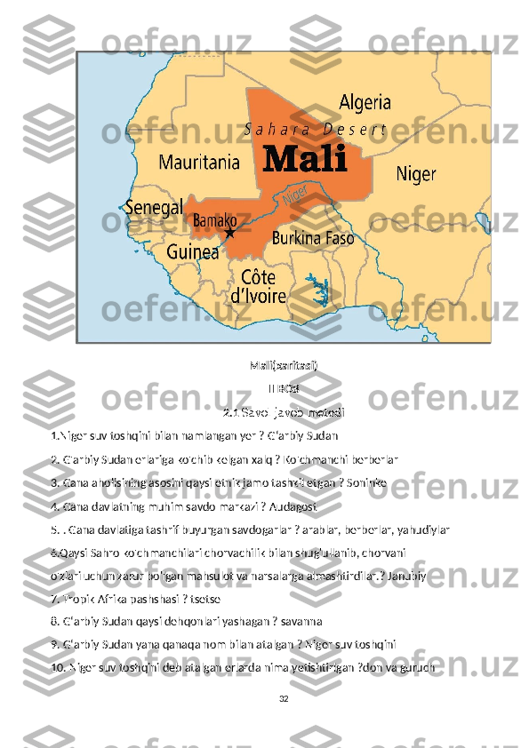 Mali(xaritasi)
II BOB
2.1  Savol javob  metodi
1.Niger suv toshqini bilan namlangan yer ? Gʻarbiy Sudan 
2. G'arbiy Sudan erlariga ko'chib kelgan xalq ? Ko'chmanchi berberlar  
3. Gana aholisining asosini qaysi etnik jamo tashkil etgan ? Soninke 
4. Gana davlatning muhim savdo markazi ? Audagost
5. . Gana davlatiga tashrif buyurgan savdogarlar ?   arablar, berberlar, yahudiylar
6.Qaysi Sahro ko'chmanchilari chorvachilik bilan shug'ullanib, chorvani 
o'zlari uchun zarur bo'lgan mahsulot va narsalarga almashtirdilar.? Janubiy 
7. Tropik Afrika pashshasi ? tsetse
8. Gʻarbiy Sudan qaysi dehqonlari yashagan ? savanna
9. Gʻarbiy Sudan yana qanaqa nom bilan atalgan ? Niger suv toshqini
10. Niger suv toshqini deb atalgan erlarda nima yetishtirlgan ?don va guruch
32 