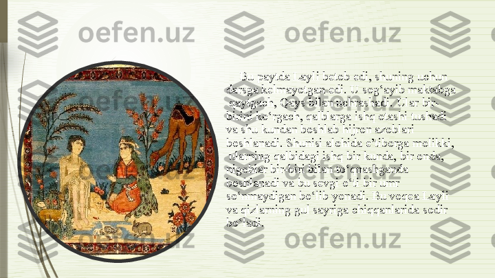 Bu paytda  Layli  betob edi, shuning uchun   
darsga   kelmayotgan   edi.   U sog‘ayib   maktabga 
  qaytgach, Qays bilan uchrashadi. Ular  bir-   
birini  ko‘rgach, qalblarga  ishq otashi tushadi   
va  shu  kundan boshlab hijron azoblari   
boshlanadi.  Shunisi  alohida  e’tiborga  molikki, 
  ularning qalbidagi ishq bir  kunda,  bir  onda,   
nigohlar  bir-biri  bilan to‘qnashganda   
boshlanadi va bu sevgi   o‘ti bir  umr   
so‘nmaydigan bo‘lib yonadi. Bu voqea  Layli   
va qizlarning gul sayriga chiqqanlarida  sodir   
bo‘ladi.               