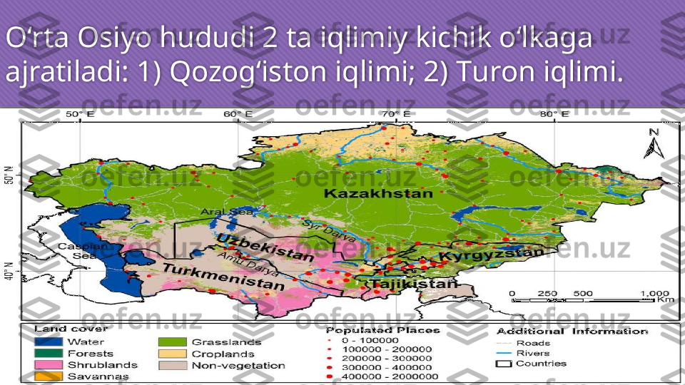 O‘rta Osiyo hududi 2 ta iqlimiy kichik o‘lkaga
ajratiladi: 1) Qozog‘iston iqlimi; 2)  Т uron iqlimi.   