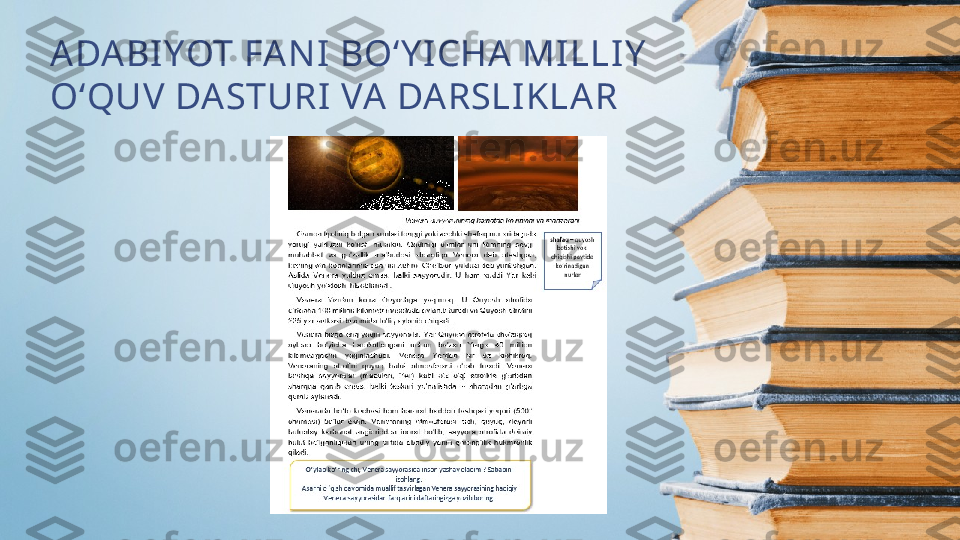 ADABI YOT FA NI  BO‘Y I CHA  MILLIY  
O‘QUV DASTURI VA DARSLIKLAR 