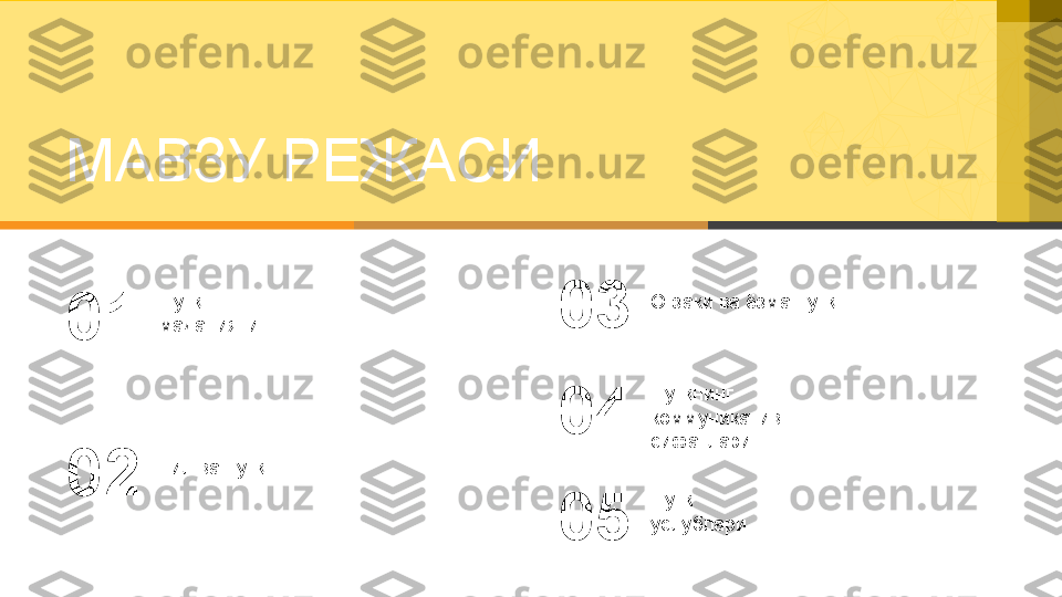 МАВЗУ РЕЖАСИ
Нутқ 
маданияти
01
Тил ва нутқ
02 Оғзаки ва ёзма нутқ
03
Нутқнинг 
коммуникатив 
сифатлари04
 
0 5 Нутқ 
услублари 