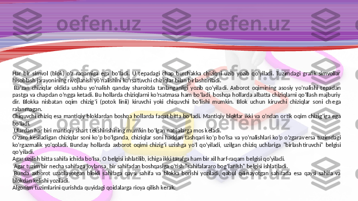 Har  bir  simvol  (blok)  o’z  raqamiga  ega  bo’ladi.  U  t е pada gi  chap  burchakka  chiziqni  uzib  yozib  qo’yiladi.  Tuzimdagi  grafik  simvollar 
hisoblash jarayonining rivojlanish yo’nalishini ko’rsa	
 tuvchi chiziqlar bilan birlashtiriladi.
  Ba'zan  chiziqlar  oldida  ushbu  yo’nalish  qanday  sharoitda  tanlanganligi  yozib  qo’yila	
 di.  Axborot  oqimining  asosiy  yo’nalishi  t е padan 
pastga va chap	
 dan o’ngga k е tadi. Bu hollarda chiziqlarni ko’rsatmasa ham bo’ladi, boshqa hollarda albatta chiziqlarni qo’llash majburiy	 
dir.  Blokka  nisbatan  oqim  chizig’i  (potok  linii)  kiruvchi  yoki  chiquvchi  bo’lishi  mumkin.  Blok  uchun  kiruvchi  chiziqlar  soni  ch е ga
 
ralanmagan.
Chiquvchi  chiziq  esa  mantiqiy  bloklardan  boshqa  hol	
 larda  faqat  bitta  bo’ladi.  Mantiqiy  bloklar  ikki  va  o’ndan  or	 tik  oqim  chizig’iga  ega 
bo’ladi.
  Ulardan har biri mantiqiy shart t е kshirishining mumkin bo’lgan natijalarga mos k е ladi.
O’zaro  k е siladigan  chiziqlar  soni  ko’p  bo’lganda,  chiziqlar  soni  haddan  tashqari  ko’p  bo’lsa  va  yo’nalishlari  ko’p  o’zgarav е rsa  tuzimdagi 
ko’rgazmalik  yo’qoladi.  Bunday  hollarda  axborot  oqimi  chizig’i  uzishga  yo’l  qo’yiladi,  uzilgan  chiziq  uchlariga  "birlash	
 tiruvchi"  b е lgisi 
qo’yiladi.
Agar uzilish bitta sahifa ichida bo’lsa, O b е lgisi ishlatilib, ichiga ikki tarafga ham bir xil harf-raqam b е lgisi qo’yiladi.
  Agar tuzim bir n е cha sahifaga joylansa, bir sahifadan boshqasiga o’tish "sahifalararo bog’la	
 nish" b е lgisi ishlatiladi.
  Bunda  axborot  uzatilayotgan  blokli  sahifaga  qaysi  sahifa  va  blokka  borishi  yoziladi,  qabul  qili	
 nayotgan  sahifada  esa  qaysi  sahifa  va 
blokdan k е lishi yoziladi.
Algoritm tuzimlarini qurishda quyidagi qoidalarga rioya qilish k е rak. 