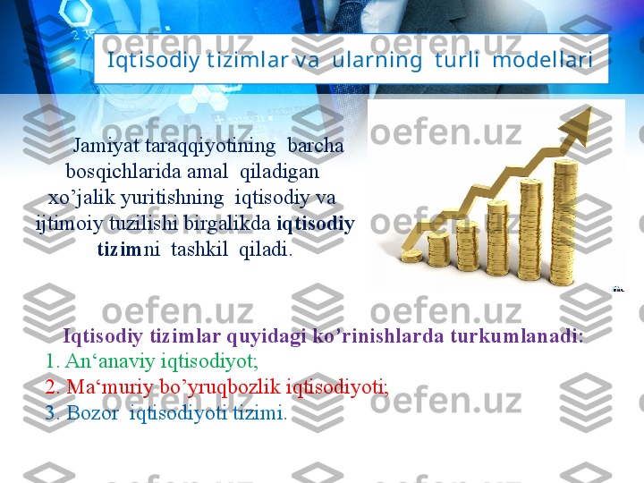 Iqt isodiy  t izimlar v a  ularning  t urli  modellari
Jamiyat taraqqiyotining  barcha  
bosqichlarida amal  qiladigan  
xo’jalik yuritishning  iqtisodiy va  
ijtimoiy tuzilishi birgalikda  iqtisodiy 
tizim ni  tashkil  qiladi.
Iqtisodiy tizimlar quyidagi ko’rinishlarda turkumlanadi:
1. An‘anaviy iqtisodiyot;
2. Ma‘muriy bo’yruqbozlik iqtisodiyoti;
3. Bozor  iqtisodiyoti tizimi . 