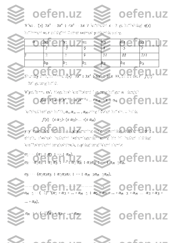 Misol .   f(x)= 2?????? 5
  −   3?????? 4
  +   4?????? 2
  −   5?????? +7   ko‘phadni   x   − 3   ga   bo‘lishdagi   q ( x )
bo‘linmani   va   r   qoldig‘ini   Gorner   sxemasi   yordamida   toping.
????????????0	??????1	??????2	??????3	??????4	??????5
2 -3 0 4 -5 7
3 2 3 9 31 88 271	
??????0	??????1	??????2	??????3	??????4	??????5
Shunday   qilib,   bo‘linma   q(x)=   2?????? 4
  + 3?????? 3
  +   9?????? 2
  +   31?????? +88,   qoldiq   esa   r   =  f   (3)
=   271   ga   teng   bo‘ldi.
Viyet   formulasi.   Bizga   bosh   koeffitsienti   1   ga   teng   bo‘lgan   n   -   darajali	
f(x)=	???????????? +	 ??????1????????????−1	 +	 ??????2????????????−2	+…+	????????????−1	?????? +	 ????????????
ko‘phad   berilgan   bo‘lib,  ??????
1 ,   ??????
2 ,   …   ,   ??????
?????? uning   ildizlari   bo‘lsin.   U   holda
f   ( x )   =( x- ??????
1 ) ∙   ( x- ??????
2 ) ∙ …   ∙ ( x- ??????
?????? )
yoyilmaga   ega   bo‘ladi.   Bu   yoyilmaning   o‘ng   tomonidagi   qavslarini   ochib
chiqib,   o‘xshash   hadlarini   ixchamlagandan   so‘ng   bir   hil   hadlari   oldidagi
koeffitsientlarini   tenglashtirsak,   quyidagi   tengliklarni   olamiz:
??????
1   =   −(??????
1   +   ??????
2   +   ⋯   +   ??????
?????? ) ,
??????
2   =   ??????
1 ??????
2   + ??????
1   ??????
3   +   ⋯   + ??????
1   ??????
??????   + ??????
2 ??????
3   +   ⋯   +   ??????
??????−1 ??????
?????? ,
??????
3   =   −(??????
1 ??????
2 ??????
3   +   ??????
1 ??????
2 ??????
4   +   ⋯   +   ??????
??????−2 ??????
??????−1 ??????
?????? ) ,
…………………………………………………..,
??????
??????−1   =   (−1) ??????−1
(??????
1   ∙   ??????
2   ∙   …   ∙   ??????
??????−1   +   ??????
1   ∙   ??????
2   ∙   …   ∙   ??????
??????−2   ∙   ??????
?????? +…+ ??????
2   ∙   ??????
3   ∙
…   ∙   ??????
?????? ),
??????
??????−1   =   (−1) ??????
??????
1   ∙   ??????
2   ∙   …   ∙   ??????
?????? . 