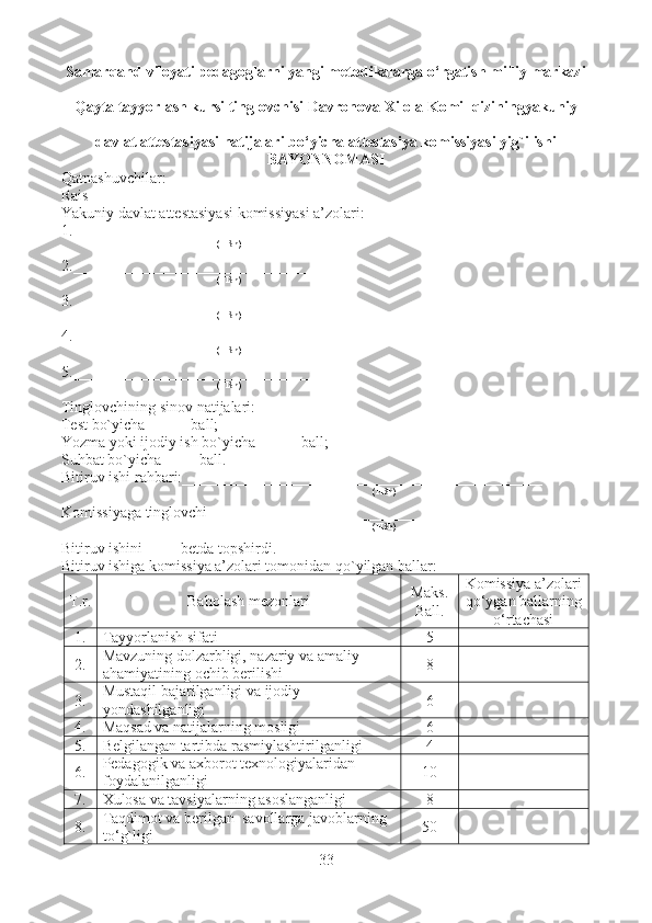 Samarqand viloyati pedagoglarni yangi metodikalarga o‘rgatish milliy markazi
Qayta tayyorlash kursi tinglovchisi  Davronova Xilola Komil qizining yakuniy
d avlat attestasiyasi natijalari bo‘yicha attestasiya komissiyasi yig`ilishi
BAY O NNOMASI
Qatnashuvchilar:
Rais ______________________________
Yakuniy davlat attestasiyasi komissiyasi a’zolari:
1. __________________
(FISh)
2.__________________
(FISh)
3.__________________
(FISh)
4.__________________
(FISh)
5.__________________
(FISh)
Tinglovchining sinov natijalari:
Test bo`yicha___ball;
Yozma yoki ijodiy ish bo`yicha___ball;
Suhbat bo`yicha___ball.
Bitiruv ishi rahbari:________________________
(FISh)
Komissiyaga tin g lovchi________________________
(FISh)
Bitiruv ishini___betda topshirdi.
Bitiruv ishiga komissiya a’zolari tomonidan qo`yilgan ballar:
T.r. Baholash mezonlari Maks.
Ball. Komissiya a’zolari
qo‘ygan ballarning
o‘rtachasi
1. Tayyorlanish sifati 5
2. Mavzuning dolzarbligi, nazariy va amaliy 
ahamiyatining ochib berilishi 8
3. Mustaqil bajarilganligi va ijodiy 
yondashilganligi 6
4. Maqsad va natijalarning mosligi 6
5. Belgilangan tartibda rasmiylashtirilganligi 4
6. Pedagogik va axborot texnologiyalaridan 
foydalanilganligi 10
7. Xulosa va tavsiyalarning asoslanganligi 8
8. Taqdimot va berilgan  savollarga javoblarning 
to‘ g` ligi  50
33  
  