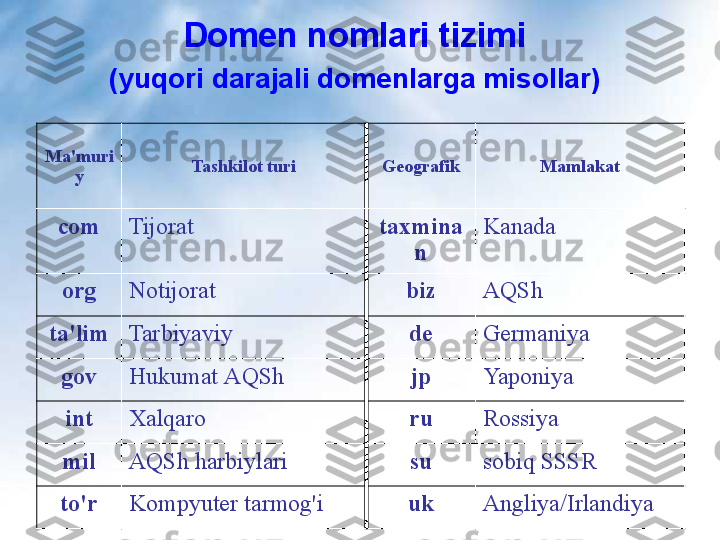 Domen nomlari tizimi 
(yuqori darajali domenlarga misollar)  
Ma'muri
y Tashkilot turi Geografik Mamlakat
com Tijorat taxmina
n Kanada
org Notijorat biz AQSh
ta'lim Tarbiyaviy de Germaniya
gov Hukumat   AQSh jp Yaponiya
int Xalqaro ru Rossiya
mil AQSh harbiylari su sobiq SSSR
to'r Kompyuter tarmog'i uk Angliya/Irlandiya 