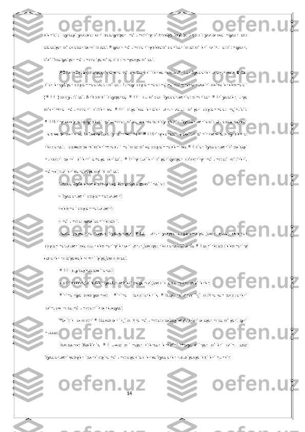 14qismidir.   Fayldagi   yozuvlar   soni   qaralayotgan   ma’lumotning   o’lchoviga   bog’liq.   Har   bir   yozuv   esa   maydon   deb
ataladigan bo’laklardan tashkil topadi. Maydon ma’lumotlarning qisqa to’plamidan iborat bo’lishi lozim. Har bir maydon,
o’zi ifodalaydigan ma’lumotlariga ko’ra, biror nomga ega bo’ladi. 
MB tashkil qilish, ularga qo’shimcha ma’lumotlarni kiritish va mavjud MBdan foydalanish uchun maxsus MBlar
bilan ishlaydigan programmalar zarur bo’ladi. Bunday programmalar majmui ma’lumotlar bazasini boshqarish sistemalari
(MBBT)   deb   yuritiladi.   Aniqroq   qilib   aytganda,   MBBT–bu   ko’plab   foydalanuvchilar   tomonidan   MBni   yaratish,   unga
qo’shimcha   ma’lumotlarni   kiritish   va   MBni   birgalikda   ishlatish   uchun   zarur   bo’lgan   programmalar   majmuidir.
MBBSning   asosiy   tarkibiy   qismi–ma’lumotlar   bo’lsa,   boshqa   tarkibiy   qismi–   foydalanuvchilardir.   Bulardan   tashqari
Hardware -   texnik   va   Software -dasturiy   ta’minoti   ham   MBBSning   samarali   ishlashini   ta’minlovchi   tarkibiy   qismlar
hisoblanadi. Hardware tashqi qo’shimcha qurilma iborat bo’lsa, programma qismi esa MB bilan foydalanuvchi o’rtasidagi
muloqotni   tashkil   qilishni   amalga   oshiradi.   MBning   tuzilishi   o’rganilayotgan   ob’ektning   ma’lumotlari   ko’rinishi,
ma’nosi, tuzilishi va hajmiga bog’liq bo’ladi. 
Odatda, foydalanuvchilar quyidagi kategoriyalarga bo’linadilar:
  foydalanuvchi-programma tuzuvchi; 
  sistemali programma tuzuvchi; 
  ma’lumotlar bazasi administratori. 
Bunda   programma   tuzgan   foydalanuvchi   MBBT   uchun   yozgan   programmasiga   javob   beradi,   sistemali
programma tuzuvchi esa butun sistemaning ishlashi uchun javobgar hisoblanadi. U holda MB administratori sistemaning
saqlanish holatiga va ishonchliligiga javob beradi. 
MBBT quyidagicha tavsiflanadi: 
Ispolnimost-Bajarilishlik, foydalanuvchi so’roviga hozirjavoblik bilan muloqotga kirishish; 
Minimalnaya   povtoryaemost   –   Minimal       takrorlanishlik,   MBdagi   ma’lumot   iloji   boricha   kam   takrorlanishi
lozim, aks holda ma’lumotlarni izlash susayadi; 
Yaxlitlik –axborotni MBda saqlash iloji boricha ma’lumotlar orasidagi bog’liqlikni asragan holda bo’lgani, ayni
muddao;
Bezopasnost–Xavfsizlik,   MB   ruxsat   berilmagan   kirishdan   ishonchli   himoya   qilingan   bo’lishi   lozim.   Faqat
foydalanuvchi va tegishli tashkilotgina ma’lumotlarga kira olish va foydalanish huquqiga egalik qilishi mumkin;  