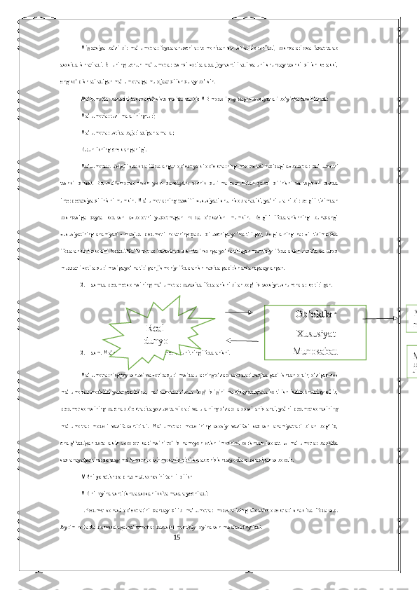 15Migratsiya–ba’zi   bir   ma’lumotlar   foydalanuvchilar   tomonidan   tez   ishlatilib   turiladi,   boshqalari   esa   faqat   talab
asosida   ishlatiladi.   SHuning   uchun   ma’lumotlar   tashqi   xotiralarda   joylashtiriladi   va  uni   shunday   tashkil   qilish   kerakki,
eng ko’p ishlatiladigan ma’lumotlarga murojaat qilish qulay bo’lsin. 
Ma’lumotlar bazasini boshqarish sistemasida har bir MB modeli quyidagi xususiyatlari bo’yicha tavsiflanadi: 
Ma’lumotlar tuzilmalarining turi; 
Ma’lumotlar ustida bajariladigan amallar; 
Butunlikning cheklanganligi. 
Ma’lumotlar. Belgili shaklda ifodalangan ob’ekt yoki ob’ektlarning muomalasi haqidagi axborotlar ma’lumotni
tashkil   qiladi.   Bu   ma’lumotlar   inson   yoki   qandaydir   texnik   qurilma   tomonidan   qabul   qilinishi   va   tegishli   tarzda
interpretatsiya  qilinishi mumkin. Ma’lumotlarning  tavsifli  xususiyati  shu hisoblanadiki, ya’ni  ularni bir belgili  tizimdan
boshqasiga   qayta   kodlash   axborotni   yuqotmagan   holda   o‘tkazish   mumkin.   Belgili   ifodalanishning   bunaqangi
xususiyatining   ahamiyati   -   mavjud   predmetli   holatning   qabul   qiluvchiga   yo‘naltirilgan,   belgilarning   har   xil   tizimlarida
ifodalanish   imkonini   beradi.Ma’lumotlar   bazasini   qurishda   insonga   yo‘naltirilgan   mantiqiy   ifodalanish   haqida   va   uzoq
muddatli xotira qurilmasiga yo‘naltirilgan jismoniy ifodalanish haqida gapirish an’anaga aylangan. 
2.1-rasmda predmet sohasining ma’lumotlar bazasida ifodalanishi bilan bog‘liq asosiy tushunchalar keltirilgan.
 
         
2.1-rasm. Ma’lumotlar bazasida predmetli muhitning ifodalanishi. 
Ma’lumotlarning joylashuvi va xotira qurilmasida ularning o‘zaro aloqalari haqida gapirishdan oldin, o‘zigan xos
ma’lumotlar modelini  yaratgan  holda, ma’lumotlar o‘zaro  bog‘liqligini mantiqiy darajada keltirish lozim.Shunday  qilib,
predmet  sohasining  barcha ob’ektlarida  yozuv  tarkiblari  va ularning   o‘zaro   aloqasi  aniqlandi, ya’ni  predmet  sohasining
ma’lumotlar   modeli   vazifalashtirildi.   Ma’lumotlar   modelining   asosiy   vazifasi   saqlash   ahamiyatlari   bilan   bog‘liq,
chalg‘itadigan   detallarsiz   axborot   kartinasini   to‘liq   namoyon   etish   imkonini   berishdan   iborat.   U   ma’lumotlar   bankida
saqlanayotgan har qanday ma’lumotni olish mexanizmini ishlab chiqishda yordam beradigan asbobdir. 
MBni yaratishda predmet sohasini tahlil qilish  
MB ni loyihalashtirishda asosan ikkita masala yechiladi: 
1.Predmet   sohasi   ob’ektlarini   qanday   qilib   ma’lumotlar   modellarining   abstrakt   obektlari   shaklida   ifodalash.
Ayrim hollarda bu masalaga ma’lumotlar bazasini mantiqiy loyihalash masalasi deyiladi. Real
dunyo Ob’ektlar
Xususiyat
Munosabat. Muammoli muhitning
mantiqiy aks ettirilishi
Muammoli   muhitning
jismoniy aks ettirilishi 