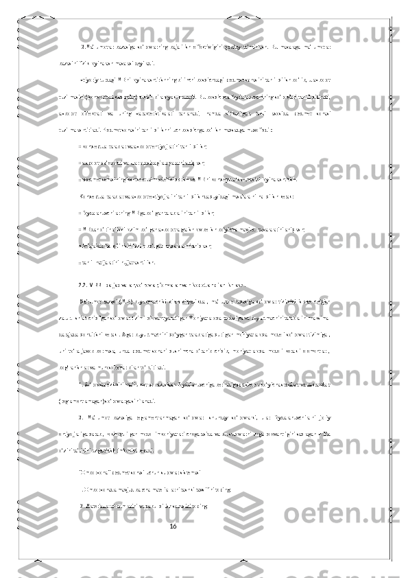 16  2.Ma’lumotlar   bazasiga   so’rovlarning   bajarilish   effektivligini   qanday   ta’minlash.   Bu   masalaga   ma’lumotlar
bazasini fizik loyihalash masalasi deyiladi. 
Ixtiyoriy turdagi MBni loyihalashtirishning birinchi bosqichdagi predmet sohasini tahlil qilish bo’lib, u axborot
tuzilmasini   (kontseptual   sxemalar)   tuzish   bilan   yakunlanadi.   Bu   bosqichda   foydalanuvchining   so’rovlari   tahlil   qilinadi,
axborot   ob’ektlari   va   uning   xarakteristikalari   tanlanadi,   hamda   o’tkazilgan   tahlil   asosida   predmet   sohasi
tuzilmalashtiriladi. Predmet sohasini tahlil qilishni uch bosqichga bo’lish maqsadga muvofiqdir: 
  kontseptual talablar va axborot ehtiyojlarini tahlil qilish; 
  axborot ob’ektlari va ular orasidagi aloqalarni aniqlash; 
  predmet sohasining kontseptual modelini qurish va MBni kontseptual sxemasini loyihalashtirish. 
Kontseptual talablar va axborot extiyojlarini tahlil qilishda quyidagi masalalarni hal qilish kerak: 
  foydalanuvchilarning MBga bo’lgan talablarini tahlil qilish; 
  MBdan o’rin olishi lozim bo’lgan axborotlarga ishlov berish bo’yicha mavjud masalalarini aniqlash; 
  kelajakda hal qilinishi lozim bo’lgan masalalarni aniqlash; 
  tahlil natijalarini hujjatlashtirish. 
2.2. MBBT da jadvallar,so’rovlar,formalar va hisobotlar bilan ishlash.  
Ma’lumot   bazasi   (MB)   buyurtmachisi   bilan   birgalikda   ,   ma’lumot   bazasiga   so‘rovlar   tizimini   ishlab   chiqish
zarur. Ishlab chiqilgan so‘rovlar tizimi relevant yaratilgan Mohiyat aloqa modeliga va buyurtmachini talablarini maksimal
darajada  qondirishi   kerak   .  Agar  buyurtmachini  qo‘ygan  talablariga  qurilgan   mohiyat   aloqa  modeli  so‘rovlar  tizimiga  ,
uni   to‘la   javob   bermasa,   unda   predmet   sohani   qushimcha   o‘ranib   chiqib,   mohiyat   aloqa   modeli   kerakli   elementlar   ,
bog‘lanishlar va munosobatlar bilan to‘ldiriladi. 
1. So‘rovlar tizimini ma’lumotlar bazasidan foydalanuvchiga beriladigan axborot bo‘yicha standart va nostandart
(reglamentlamagan) so‘rovlarga sinflanadi. 
2.   Ma’lumot   bazasiga   reglamentlanmagan   so‘rovlar-   shunday   so‘rovlarki,   ular   foydalanuvchilarni   joriy
ehtiyojlariga qarab , lekin qurilgan model imkoniyatlari chegarasida va bu surovlarni unga relevantligini saqlagan xolda
o‘zini ta’rifini uzgartirish imkonini beradi. 
"Omborxona" predmet sohasi uchun surovlar sistemasi 
1. Omborxonada mavjud barcha materiallarni tashki tavsifini toping;
 2. Materiallarni nomlarini va qabul qilish sanasini toping;  