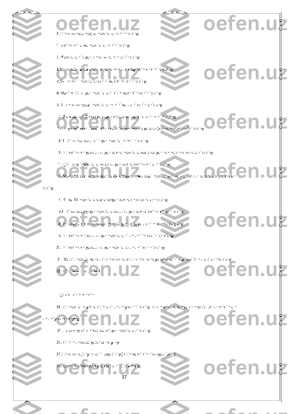 173. Omborxonada mavjud materiallar nomini toping; 
4. Iste’molchilar va materiallar nomini toping; 
5. Materiallarni olgan, omborxona nomlarini toping; 
6.bir material uchun omborxona nomeru ularning kirim chiqimini toping; 
7.№1 nomerli materiallar sonini va iste’molchini toping; 
8. Vazni >100 bulgan materiallarni kirim va chiqim sonini toping; 
9. S1 omborxonadagi materiallar nomini va ularni sonini aniklang; 
10. Maksimal ogirlikka ega bulgan qizil rangli materiallarni nomini toping;
 11. Eng engil vaznli detal uchun zarur bulgan materialga talab (son va iste’molchi)ni toping; 
12. 31.04 kunda kabul k.ilingan material nomerini toping; 
13. P1 iste’molchiga zarur bulgan barcha materiallar saqlanadigan hamma omborxonalarni toping; 
14. Qizil rangli materiallar kerak bulgan barcha iste’molchilarni toping; 
15.   Vazni   40   dan   katta   bulgan   talab   kilingan   mivdordagi   materiallarni   va   ular   uchun   barcha   iste’molchilarni
toping; 
16. K1 va K2 materiallar saqlanaetgan barcha omborxonalarni toping; 
17.31.04 sanada olingan materiallar zarur bulgan barcha iste’molchilarni toping; 
18. S1 raqamli omborxonadagi materiallar nomini va ularni mivdorini aniqlang; 
19. P1 iste’molchi zarur bulgan materiallarni umumii mikdorini aniqlang; 
20. P1 iste’molchiga zarur bulgan materiallar umumii sonini toping;
 21. Xar bir material va har bir omborxona uchun omborxona yangi xolatini kuyidagi formula bilan hisoblang 
22. kol = kol0 + kol1 - kol2 
      |          |           | 
Qoldiq  kirim  chikim 
23. bir material buyicha kirimlarni umumiy sonini toping; bir omborxona va har bir material uchun chiqimlarni
umumiiy sonini toping;
 24. Talab eng ko‘p miqdorda bo‘lgan materiallarni toping; 
25. kirim munosabatiga tanlash quying 
26.Omborxona joriy holatini uzgartiring (kirim va chikim hisobga olinsin); 
27.Barcha munosabatlarda tanlashlarni olib tashlang;  