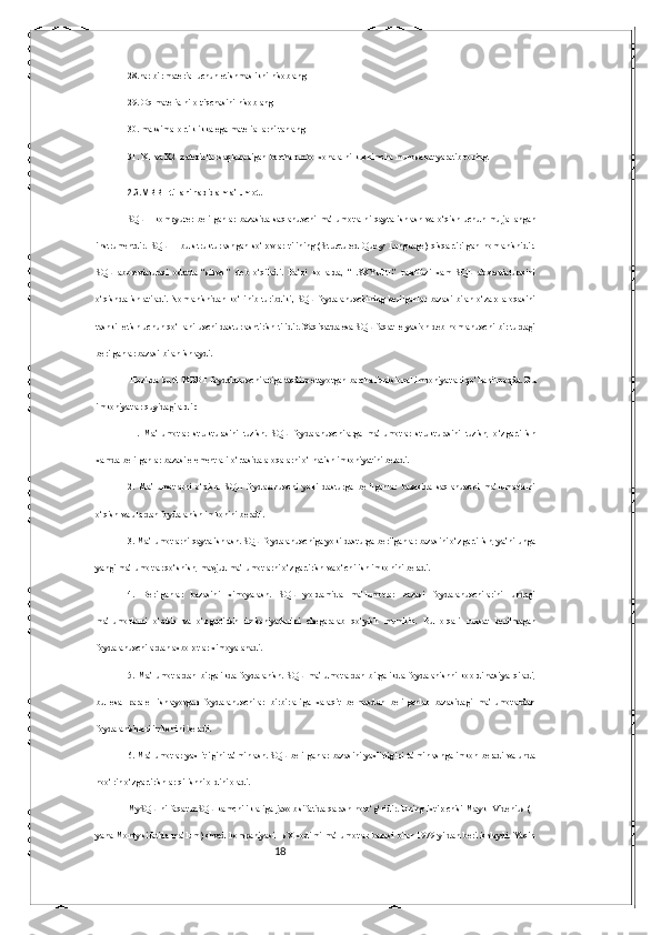 1828.har bir material uchun etishmaslikni hisoblang; 
29. Oq materialni ortiqchasini hisoblang; 
30. maksimal ortiklikka ega materiallarni tanlang; 
31. K1 va K2 materiallar saqlanadigan barcha omborxonalarni kushimcha munosabat yaratib toping. 
2.3.MBBT tillari haqida ma’lumot.
SQL   -   kompyuter   berilganlar   bazasida   saqlanuvchi   ma’lumotlarni   qayta   ishlash   va   o‘qish   uchun   muljallangan
instrumentdir.   SQL   –   bu   strukturlashgan   so‘rovlar   tilining   (Structured   Query   Language)   qisqartirilgan   nomlanishidir.
SQL   abbreviaturasi   odatda   “sikvel”   deb   o‘qiladi.   Ba’zi   xollarda,   “ESKYUEL”   talaffuzi   xam   SQL   abbreviaturasini
o‘qishda ishlatiladi.  Nomlanishidan  ko‘rinib  turibdiki,  SQL  foydalanuvchining  berilganlar bazasi  bilan  o‘zaro  aloqasini
tashkil etish uchun qo‘llaniluvchi dasturlashtirish tilidir. Xaqiqatda esa SQL faqat relyasion deb nomlanuvchi bir turdagi
berilganlar bazasi bilan ishlaydi.
 Hozirda bu til MBBT foydalanuvchilariga taqdim etayotgan barcha funksional imkoniyatlari qo‘llanilmoqda. Bu
imkoniyatlar quyidagilardir:
  1.   Ma’lumotlar   strukturasini   tuzish.   SQL   foydalanuvchilarga   ma’lumotlar   strukturasini   tuzish,   o‘zgartirish
xamda berilganlar bazasi elementlari o‘rtasida aloqalarni o‘rnatish imkoniyatini beradi. 
2.   Ma’lumotlarni   o‘qish.   SQL   foydalanuvchi   yoki   dasturga   berilganlar   bazasida   saqlanuvchi   ma’lumotlarni
o‘qish va ulardan foydalanish imkonini beradi. 
3. Ma’lumotlarni qayta ishlash. SQL foydalanuvchiga yoki dasturga berilganlar bazasini o‘zgartirish, ya’ni unga
yangi ma’lumotlar qo‘shish, mavjud ma’lumotlarni o‘zgartirish va o‘chirish imkonini beradi. 
4.   Berilganlar   bazasini   ximoyalash.   SQL   yordamida   ma’lumotlar   bazasi   foydalanuvchilarini   undagi
ma’lumotlarni   o‘qish   va   o‘zgartirish   imkoniyatlarini   chegaralab   qo‘yish   mumkin.   Bu   orqali   ruxsat   berilmagan
foydalanuvchilardan axborotlar ximoyalanadi. 
5.   Ma’lumotlardan   birgalikda   foydalanish.   SQL   ma’lumotlardan   birgalikda   foydalanishni   koordinatsiya   qiladi,
bu   esa   paralel   ishlayotgan   foydalanuvchilar   birbirlariga   xalaqit   bermasdan   berilganlar   bazasidagi   ma’lumotlardan
foydalanishlari imkonini beradi. 
6. Ma’lumotlar yaxlitligini ta’minlash. SQL berilganlar bazasini yaxlitligini ta’minlashga imkon beradi va unda
noo‘rin o‘zgartirishlar qilishni oldini oladi. 
MySQL ni faqat mSQL kamchiliklariga javob sifatida qarash noto‘g‘ridir. Uning ixtirochisi Maykl Videnius (+
yana Monty sifatida ma’lum) shved kompaniyasi TsX xodimi ma’lumotlar bazasi bilan 1979 yildan beri ishlaydi. Yaqin 