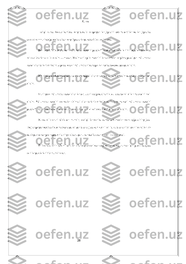 28                                                                                       Xulosa
Hozirgi   kunda   Respublikamizda   keng   tarqalib   borayotgan   ish   joylarini   avtomalashtirish   va   ish   joylarida
axborot kommunikatsiya vositalaridan keng foydalanishga katta e’tibor berilmoqda. 
Men   ushbu   “O’quv   markazi   ma’lumotlar   bazasini   yaratish”   mavzusidagi   kurs   ishimni   bajarish   davomida
ko`plab   izlanishlar   olib   bordim.   Jumladan,   Xodimlarni   oylik   maoshini   ishlab   chiqish   bo`yicha   yaratilgan   ma’lumotlar
bazasi bilan tanishib chiqdim. U yerda kerakli ma’lumotlarni qanday olish haqida tassavvurga ega bo`ldim. 
MB ni yaratish  davomida dasturlash  texnologiyasi   bilan  chuqurroq  tanishib   chiqdim va chuqur malaka hosil
qildim. 
Shuningdek ma’lumotlar bazasi bilan ishlash, ularni oddiy va dinamik usullarda tashkil qilish malakasini hosil
qildim.   Ma’lumotlar   bazasini   boshqarish   tizimlari   bilan   tanishib   chiqdim   va   “O’quv   markazi   ma’lumotlar   bazasini
yaratish” ma’lumotlar bazasini bilan shuningdek undagi turli xil so’rovlar orqali ishlar olib bordim. 
Xulosa   qilib   shuni   ta’kidlash   mumkin,   xozirgi   fan-texnika   xamda   informatsion   texnologiyalarining   jadal
rivojlanayotgan vaqtida o’quv martkazlarga bo`lgan talablar juda xam kuchli bo`lib, bu talablarni to`laqonli qondirish biz
va bizga o`xshash yosh dasturchilarning oldida turgan ulkan vazifalardan biri bo`lib xisoblanadi. 
Shifoxonalar ishini takomillashtirish bilan qog`ozbozlikdan ozod bo`lish va ish unumdorligini yuqori darajada
oshirishga erishishimiz mumkin ekan. 