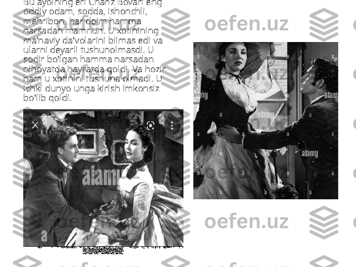 Bu ayolning eri Charlz Bovari eng 
oddiy odam, sodda, ishonchli, 
mehribon, har doim hamma 
narsadan mamnun. U xotinining 
ma'naviy da'volarini bilmas edi va 
ularni deyarli tushunolmasdi. U 
sodir bo'lgan hamma narsadan 
nihoyatda hayratda qoldi. Va hozir 
ham u xotinini tushuna olmadi. U 
ichki dunyo unga kirish imkonsiz 
bo'lib qoldi.  