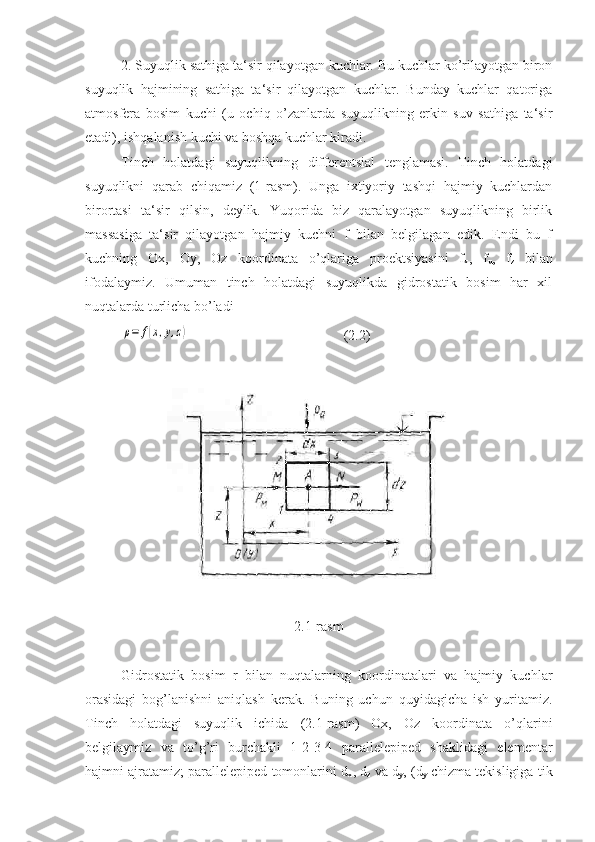 2. Suyuqlik sathiga ta‘sir qilayotgan kuchlar. Bu kuchlar ko’rilayotgan biron
suyuqlik   hajmining   sathiga   ta‘sir   qilayotgan   kuchlar.   Bunday   kuchlar   qatoriga
atmosfera   bosim   kuchi   (u   ochiq   o’zanlarda   suyuqlikning   erkin   suv   sathiga   ta‘sir
etadi), ishqalanish kuchi va boshqa kuchlar kiradi.
Tinch   holatdagi   suyuqlikning   differentsial   tenglamasi.   Tinch   holatdagi
suyuqlikni   qarab   chiqamiz   (1-rasm).   Unga   ixtiyoriy   tashqi   hajmiy   kuchlardan
birortasi   ta‘sir   qilsin,   deylik.   Yuqorida   biz   qaralayotgan   suyuqlikning   birlik
massasiga   ta‘sir   qilayotgan   hajmiy   kuchni   f   bilan   belgilagan   edik.   Endi   bu   f
kuchning   Ox,   Oy,   Oz   koordinata   o’qlariga   proektsiyasini   f
x ,   f
u ,   f
z   bilan
ifodalaymiz.   Umuman   tinch   holatdagi   suyuqlikda   gidrostatik   bosim   har   xil
nuqtalarda turlicha bo’ladiρ=	f(x,y,z)
    ( 2. 2)
2.1-rasm
Gidrostatik   bosim   r   bilan   nuqtalarning   koordinatalari   va   hajmiy   kuchlar
orasidagi   bog’lanishni   aniqlash   kerak.   Buning   uchun   quyidagicha   ish   yuritamiz.
Tinch   holatdagi   suyuqlik   ichida   (2.1-rasm)   Ox,   Oz   koordinata   o’qlarini
belgilaymiz   va   to’g’ri   burchakli   1-2-3-4   parallelepiped   shaklidagi   elementar
hajmni ajratamiz; parallelepiped tomonlarini d
x , d
z  va d
y , (d
y  chizma tekisligiga tik 