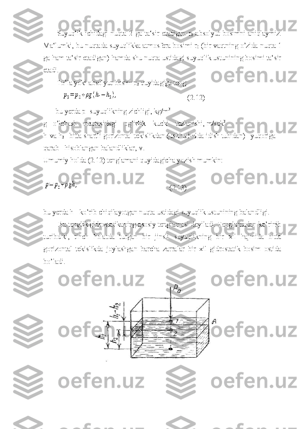 Suyuqlik   ichidagi   nuqta   2   ga   ta‘sir   etadigan   r
2   absolyut   bosimni   aniqlaymiz.
Ma‘lumki, bu nuqtada suyuqlikka atmosfera bosimi  r
0   (bir vaqtning o’zida nuqta 1
ga ham ta‘sir etadigan) hamda shu nuqta ustidagi suyuqlik ustunining bosimi ta‘sir
etadi.
To’la yoki absolyut bosim p
2  quyidagiga teng:p2=	p0+ρg	(h1−	h2),
(2.12)
bu yerda p- suyuqlikning zichligi,  kg/m 3
g  - o’lchash    nuqtasidagi    og’irlik    kuchi    tezlanishi,  m/sek 2
h
1  va h
2  - bitta shartli gorizontal tekislikdan (ushbu holda idish tubidan)   yuqoriga   
qarab   hisoblangan balandliklar,  м. 
Umumiy holda (2.12) tenglamani quyidagicha yozish mumkin:	
p=	p0+ρgh	,
(2.13)
bu yerda h - ko’rib chiqilayotgan nuqta ustidagi suyuqlik ustunining balandligi.
Bu tenglik gidrostatikaning asosiy tenglamasi deyiladi. Tenglamadan ko’rinib
turibdiki,   tinch   holatda   turgan   bir   jinsli   suyuqlikning   bir   xil   hajmida   bitta
gorizontal   tekislikda   joylashgan   barcha   zarralar   bir   xil   gidrostatik   bosim   ostida
bo’ladi. 