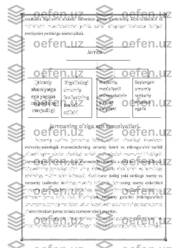  	 	
vazifasini  bajaruvchi  shaxslar  tomonidan  jamoa  a'zolarin	ing  xatti	-harak	atlari  va 	
intilishlarini  muvofiqlashtirish  yo‘lida  tashkil  etilayotgan  boshqaruv  faoliyati 
mo	hiyatini yoritishga xizmat q	iladi.	 	
 
 
 	
 	
 
 
 
 
 
 
 	
 
 
 
Norasmiy  tuzilma  jamoaning  barcha  a'zolari  o‘rtasidagi  shaxslararo 	
ma'naviy	-psixologik  munosabatlarning  umumiy  tizimi  va  mikroguruhni  tashkil 	
qiluvchi  ayrim  a'zolar  o‘tasidagi  tanlash  munosabatlari  mazmunini  ifodalaydi. 
Jamoaning 	har bir a'zosi mavjud muno	sabatlar tizimida u yoki bu 	o‘	rinni egallaydi. 	
O‘quvchining  jamoadagi  o‘rni  uning  shaxs  sifatida  shakllanishi  va  kamolotga 
erishishiga  muhim  ta'sir  ko‘rsatadi.  Kasb	-hunar  koll	ej  yoki  sinfdagi  rasmiy  va 	
norasmiy  tuzilmalar  bir	-biriga  muvofiq  bo‘lganda,  jamo	aning  rasmiy 	etakchilari 	
norasmiy  munosabatlar  tizimida  ko‘zga  ko‘ringan  o‘rinni  egallagan  holdagina  u 
chinakam  jamoa  bo‘la  oladi.  Shuningd	ek,  norasmiy  guruhlar  (mikroguruhlar) 	
umumjamoa  ijtimoiy  manfatlari  uchun  kurashuvchi  guruhlar  bo‘lgandagina  jamoa 
o‘	zini chinakam jamoa tarzida namoyon etishi mumkin.	 	
Yashash  joylarida  o‘zaro  birikkan  o‘quvchilar  guruhlari  qanchalik  aail  va 	
inoq  munosabat  asosida  tashkil  topgan  bo‘lmasin  haqiqiy  jamoa  bo‘la  olmaydi. 	
   	jamoaning 	o’	ziga xos xususiyatlari	 	
Норасмий  тузилма	 жамоанинг  барча  аъзолари 	
ўртасидаги  шахслараро  маънавий	-психологик 	
муносабатларнинг  умумий  тизими  ва  микрогуруҳни 
ташқил  қилувчи  айрим  аъзолар  ўртасидаги  танлаш 
муносабатлари  мазмунини  ифодалайди.  Жамоанинг 
ҳар бир аъзоси мавжуд муносабатлар тизимида у ёк	и 	
бу  ўринни  эгаллайди.  Ўқувчининг  жамоадаги  ўрни 
унинг  шахс  сифатида  шаклланиши  ва  камолотга 
эришишига  муҳим  таъсир  кўрсатади. 	Касб	-ҳунар 	
коллеж	 	ёки  синфдаги  расмий  ва  норасмий 	
тузилмалар  бир	-бирига  мувофиқ  бўлганда, 	
жамоанинг  расмий  етакчилари  норасмий 
му	носабатлар  тизимида  кўзга  кўринган  ўринни 	
эгаллаган  ҳолдагина  у  чинакам  жамоа  бўла  олади. 
Шунингдек,  норасмий  гуруҳлар  (микрогуруҳлар) 
умумжамоа  ижтимоий  манфатлари  учун  курашувчи 
гуруҳлар  бўлгандагина  жамоа  ўзини  чинакам  жамоа 
тарзида намоён этиши мумкин.	 	
�Y�r�Z�r�� �`�h�c�e�Z�j�b�^�Z�� �†�a�Z�j�h�� �[�b�j�b�d�d�Z�g��	�†���m�\�q�b	�e�Z�j��	
�]�m�j�m���e�Z�j�b�� ���Z�g�q�Z�e�b�d�� �Z���b�e�� �\�Z�� �b�g�h���� �f�m�g�h�k�Z�[�Z�l�� �Z�k�h�k�b�^�Z��	
Ijtimoiy 	
ahamiyatga 
ega yagona 
maqsadning 
mavjudligi	 	
 
 
 	
Birgalikdagi 
umumiy 
faoliyatning 
tashkil 
etilishi	 	
 	
Majburiy, 
mas'uliyatli 
munosabatnin
g y	o’	lga 	
qo’	yilishi	 	
 
 	
Saylangan 
umumiy 
ra	hbariy 	
organga 
egalik	 	
 
 	
              	Jamoa	  