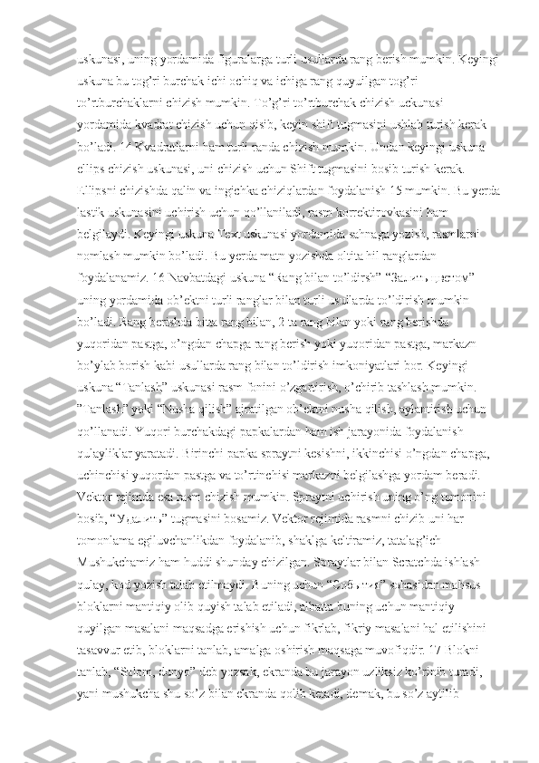 uskunasi, uning yordamida figuralarga turli usullarda rang berish mumkin. Keyingi
uskuna bu tog’ri burchak ichi ochiq va ichiga rang quyuilgan tog’ri 
to’rtburchaklarni chizish mumkin. To’g’ri to’rtburchak chizish uckunasi 
yordamida kvadrat chizish uchun qisib, keyin shift tugmasini ushlab turish kerak 
bo’ladi. 14 Kvadratlarni ham turli randa chizish mumkin. Undan keyingi uskuna 
ellips chizish uskunasi, uni chizish uchun Shift tugmasini bosib turish kerak. 
Ellipsni chizishda qalin va ingichka chiziqlardan foydalanish 15 mumkin. Bu yerda
lastik uskunasini uchirish uchun qo’llaniladi, rasm korrektirovkasini ham 
belgilaydi. Keyingi uskuna Text uskunasi yordamida sahnaga yozish, rasmlarni 
nomlash mumkin bo’ladi. Bu yerda matn yozishda oltita hil ranglardan 
foydalanamiz. 16 Navbatdagi uskuna “Rang bilan to’ldirsh”-“ Залить   цветом ” 
uning yordamida ob’ektni turli ranglar bilan turli usullarda to’ldirish mumkin 
bo’ladi. Rang berishda bitta rang bilan, 2 ta rang bilan yoki rang berishda 
yuqoridan pastga, o’ngdan chapga rang berish yoki yuqoridan pastga, markazn 
bo’ylab borish kabi usullarda rang bilan to’ldirish imkoniyatlari bor. Keyingi 
uskuna “Tanlash” uskunasi rasm fonini o’zgartirish, o’chirib tashlash mumkin. 
”Tanlash” yoki “Nusha qilish” ajratilgan ob’ektni nusha qilish, aylantirish uchun 
qo’llanadi. Yuqori burchakdagi papkalardan ham ish jarayonida foydalanish 
qulayliklar yaratadi. Birinchi papka spraytni kesishni, ikkinchisi o’ngdan chapga, 
uchinchisi yuqordan pastga va to’rtinchisi markazni belgilashga yordam beradi. 
Vektor rejimda esa rasm chizish mumkin. Spraytni uchirish uning o’ng tomonini 
bosib, “ Удалить ” tugmasini bosamiz. Vektor rejimida rasmni chizib uni har 
tomonlama egiluvchanlikdan foydalanib, shaklga keltiramiz, tatalag’ich 
Mushukchamiz ham huddi shunday chizilgan. Spraytlar bilan Scratchda ishlash 
qulay, kod yozish talab etilmaydi. Buning uchun “ События ” sohasidan mahsus 
bloklarni mantiqiy olib quyish talab etiladi, albatta buning uchun mantiqiy 
quyilgan masalani maqsadga erishish uchun fikrlab, fikriy masalani hal etilishini 
tasavvur etib, bloklarni tanlab, amalga oshirish maqsaga muvofiqdir. 17 Blokni 
tanlab, “Salom, dunyo” deb yozsak, ekranda bu jarayon uzliksiz ko’rinib turadi, 
yani mushukcha shu so’z bilan ekranda qolib ketadi, demak, bu so’z aytilib  