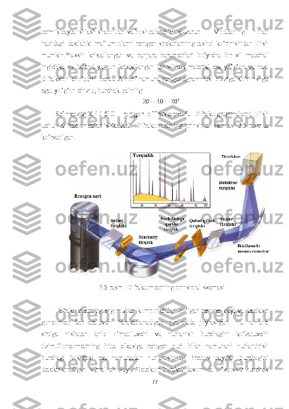 termik qayta ishlash sharoitlari va boshqalarni bilish zarur.  Moddaning   holati
haqidagi   dastlabki   ma’lumotlarni   rentgen   spektrlarning   tashqi   ko’rinishidan   olish
mumkin.Yaxshi   kristallangan   va   panjara   parametrlari   bo’yicha   bir   xil   material
ingichka   va   baland   yomon   kristallangan   bir   xilmas   material   esa   yo’g’on   va   past
difraksion cho’qqini beradi.Amorf namuna rentgenogrammasi o’zziga ko’rinishga
ega: yo’g’on chiziq, burchak qalinligi 
Shimadzu   XPD-610     rentgen   difraktometri.   Difraktogrammalarni   olish
uchun   difraktometrlar   ishlatiladi.   Difraktometrning   prinsipial   sxemasi   3.5-rasmda
ko’rsatilgan.
3.5-rasm. Difraktometrning prinsipial sxemasi
Difraktometrning eng muhim komponentlari bo’lgan rentgen nayi va detektor
goneometr   deb   ataluvchi   harakatlanadigan   qurilmada   joylashgan.   Bu   namuna
sirtiga   nisbatan   aniq   o’rnatiluvchi   va   nurlanish   burchagini   ko’zatuvchi
tizim.Goneometrning   bitta   elkasiga   rentgen   nuri   bilan   namunani   nurlantirish
burchagi   boshqasi   esa   namunadan   nurlanishning   Brettov   qaytish   burchagini
detektrlanadigan   signal   aniqlaydi.Detektor   harakat   davomida   to’xtovsiz   burchak
77 