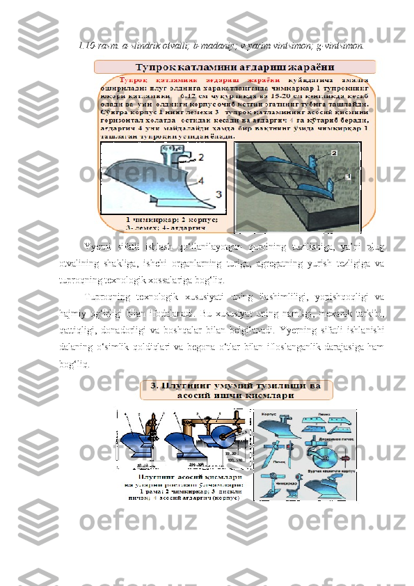 1.10 - rasm. a - slindrik otvalli; b - madaniy; v - yarim vintsimon; g - vintsimon.
Yyerni   sifatli   ishlash   qo‘llanilayotgan   qurolning   tuzilishiga,   ya’ni   plug
otvalining   shakliga,   ishchi   organlarning   turiga,   agregatning   yurish   tezligiga   va
tuproqning texnologik xossalariga bog‘liq.
Tuproqning   texnologik   xususiyati   uning   ilashimliligi,   yopishqoqligi   va
hajmiy   og‘irligi   bilan   ifodalanadi.   Bu   xususiyat   uning   namligi,   mexanik   tarkibi,
qattiqligi,   donadorligi   va   boshqalar   bilan   belgilanadi.   Yyer ning   sifatli   ishlanishi
dalaning   o‘simlik   qoldiqlari   va   begona   o‘tlar   bilan   ifloslanganlik   darajasiga   ham
bog‘liq. 