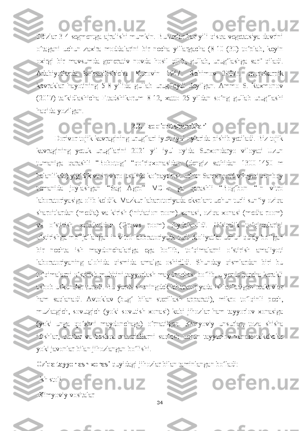 ildizlar  3-4 segmentga ajralishi  mumkin. Bu turlar  har yili qisqa vegetatsiya  davrini
o tagani   uchun   zaxira   moddalarini   bir   necha   yillargacha   (8-10   (30)   to plab,   keyinʻ ʻ
oxirgi   bir   mavsumda   generativ   novda   hosil   qilib,   gullab,   urug lashga   sarf   qiladi.	
ʻ
Аdabiyotlarda   ko rsatilishicha   [Korovin   1947..   Rahimov   2007..]   monokarpik	
ʻ
kovraklar   hayotining   5-8   yilida   gullab   urug laydi   deyilgan.   Аmmo   S.   Raxmonov	
ʻ
(2017)   ta kidlashicha   F.tadshikorum   8-12,   xatto   25   yildan   so ng   gullab   urug lashi	
ʼ ʻ ʻ
haqida yozilgan.
2.2. Tadqiqot sharoitlari
Dorivor tojik kavragining urug lari iyun-iyul oylarida pishib yetiladi. Biz tojik	
ʻ
kavragining   yetuk   urug larini   2021   yil   iyul   oyida   Surxondaryo   viloyati   Uzun	
ʻ
tumaniga   qarashli   “Bobotog   “qo riqxonasidan   (dengiz   sathidan   1300-1450   m	
ʻ ʻ
balanlikda) yig dik va in vitro usulida ko paytirish uchun Samarqand viloyati Jomboy	
ʻ ʻ
tumanida   joylashgan   “Sag   Agro”   MCHJ   ga   qarashli   “Bog bon   “In   vitro	
ʻ
laboratoriyasiga olib keldik.  Mazkur labarotoriyada eksplant uchun turli sun iy oziqa	
ʼ
sharoitlardan  (media)   va   kirish   (initiation   room)   xonasi,   oziqa  xonasi   (media   room)
va   o stirish   xonalaridan   (Grows   room)   foydalanildi.   O simlik   to qimalarini	
ʻ ʻ ʻ
o stirishga mo ljallangan in vitro laboratoriyada turli faoliyatlar uchun qulay bo lgan	
ʻ ʻ ʻ
bir   nechta   ish   maydonchalariga   ega   bo lib,   to qimalarni   o stirish   amaliyoti	
ʻ ʻ ʻ
laboratoriyaning   alohida   qismida   amalga   oshirildi.   Shunday   qismlardan   biri   bu
to qimalarni o stirish muhitini tayyorlash maydonchasi bo lib, u yerda barcha kerakli	
ʻ ʻ ʻ
asbob-uskunalar turadi. Bu yerda shuningdek laboratoriyada ishlatiladigan reaktivlar
ham   saqlanadi.   Avtoklav   (bug   bilan   sterillash   apparati),   mikro   to lqinli   pech,	
ʻ ʻ
muzlatgich,   sovutgich   (yoki   sovutish   xonasi)   kabi   jihozlar   ham   tayyorlov   xonasiga
(yoki   unga   qo shni   maydonchaga)   o rnatilgan.  	
ʻ ʻ Kimyoviy   unsurlar,   toza   shisha
idishlar,   qutilar   va   boshqa   materiallarni   saqlash   uchun   tayyorlov   xonasi   tokchalar
yoki javonlar bilan jihozlangan bo lishi.	
ʻ
Oziqa tayyorlash xonasi  quyidagi jihozlar bilan taminlangan bo ladi:	
ʻ
-Ish stoli
-Kimyoviy vositalar
34 