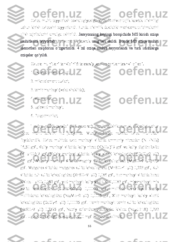 Oziqa   muhit   tayyorlash   texnalogiyasiga   ko ra  ʻ Dorivor   tojik   kavrak   o simligi	ʻ
uchun kirish oziqasini tayyorlandi. Bunda o simlik dastlabki meristema to qimalarini	
ʻ ʻ
olish  tajribalarini  amalga   oshirildi.   Jarayonning  keyingi  bosqichida   MS  kirish  oziqa
muhitlarini   tayyorlab   Dorivor   tojik   kavrak   urug lari   ekildi.  Bunda   MS  oziqa   muhiti	
ʻ
elemetlari   miqdorini   o zgartirildi.   4   xil   oziqa   muhiti   tayyorlandi   va   turli   idishlarga	
ʻ
oziqalar qo yildi. 	
ʻ
Ozuqa muhitlari tarkibini 6 ta asosiy komponentlar tashkil qiladi.
1. makroelement tuzlari;
2. mikroelement tuzlari;
3. temir manbayi (xelat shaklida);
4. vitaminlar;
5. uglevod manbayi;
6. fitogormonlar;
1-oziqa  muhit  tarkibi   (MS-nazorat).   Ferula tadshikorum   P. o simligi  uchun	
ʻ
oziqa   muhit   tarkibi:   Bu   jarayonda   Murasige-Skuga   nazorat   oziqa   muhitidan
foydalandik.   Oziqa   muhitda   azot   manbayi   sifatida   ammoniy   nitratdan   (NH
4 NO
3 )
16,50  gr/l,  Kaliy   manbayi   sifatida   kaliy   nitrat   (KNO
3   )19   gr/l   va  kaliy   digidrofasfat
(KH
2 PO
4 )   7   gr/l,   Kalsiy   manbayi   sifatida   kalsiy   xlorid   kristalogidrat   ( CaCl
2 ·2H
2 O)
4,4   gr/l,   Magniy   manbayi   sifatida   magniy   sulfat   kristalogidrat   ( MgSO
4 ·7H
2 O)   3,7
gr/l. Marganes sifatida: marganes sulfat kristalogidrat (MnSO
4 ·4H
2 O) 0,223  gr/l, Ruh
sifatida: ruh sulfat kristalogidrat (ZnSO
4 ·7H
2 O) 0,0 86 gr/l, Bor manbayi sifatida borat
kislota H
3 BO
3   0,062 gr/l, yod manbayi: kaliy yodid KI 0,0083 gr/l, mis manbayi: mis
sulfat   kristalogidrat   (CuSO
4 ·5H
2 O)   0,0 0025   gr/l,   molibden   manbayi:   Natriy
molibdanat   kristalogidrat   (Na
2 Mo
4 ·2H
2 O)   0,0025   gr/l,   Xlor   manbayi:   kalsiy   xlorid
kristalogidrat  (CaCl
2 ·6H
2 O)   0,00025  gr/l.  Temir  manbayi:  temir   sulfat   kristalogidrat
( FeSO
4 ·7H
2 O)   0, 2795   gr/l,   Natriy   etilendiamintetrasirka   kislota   (Na
2 EDTA)   0,373
gr/l. Uglerod manbayi: Saxaroza 30000 mg/l miqdorda solinadi
55 