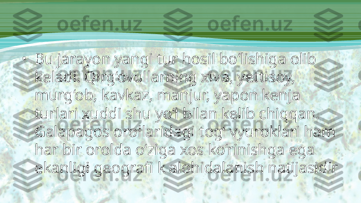 •
Bu jarayon yangi tur hosil bo‘lishiga olib 
keladi. Qirg‘ovullarning xiva, yettisoy, 
murg‘ob, kavkaz, manjur, yapon kenja 
turlari xuddi shu yo‘l bilan kelib chiqqan. 
Galapagos orollaridagi tog‘ vyuroklari ham 
har bir orolda o‘ziga xos ko‘rinishga ega 
ekanligi geografi k alohidalanish natijasidir 