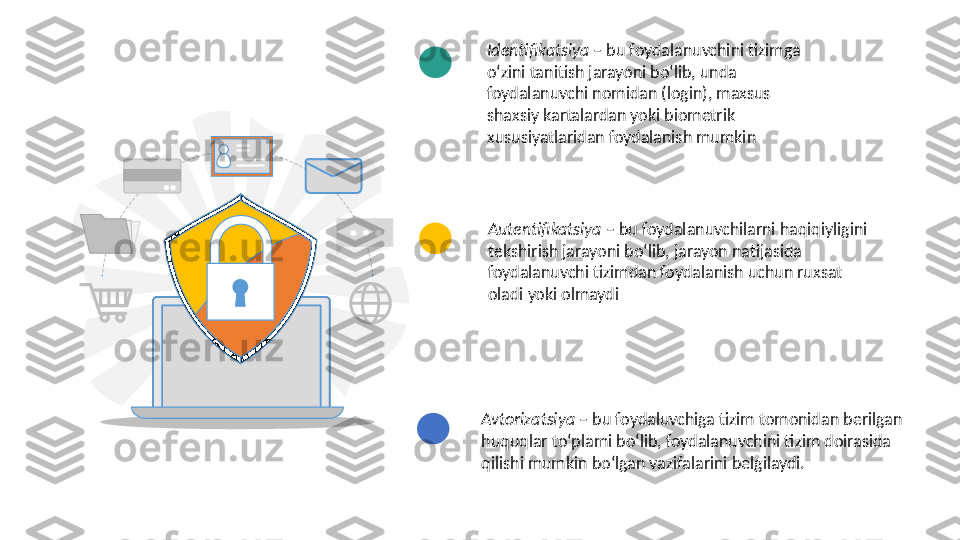 Identifikatsiya –  bu foydalanuvchini tizimga 
oʻzini tanitish jarayoni boʻlib, unda 
foydalanuvchi nomidan (login), maxsus 
shaxsiy kartalardan yoki biometrik 
xususiyatlaridan foydalanish mumkin  
Autentifikatsiya –  bu foydalanuvchilarni haqiqiyligini 
tekshirish jarayoni boʻlib, jarayon natijasida 
foydalanuvchi tizimdan foydalanish uchun ruxsat 
oladi yoki olmaydi  
Avtorizatsiya –  bu foydaluvchiga tizim tomonidan berilgan 
huquqlar toʻplami boʻlib, foydalanuvchini tizim doirasida 
qilishi mumkin boʻlgan vazifalarini belgilaydi.  