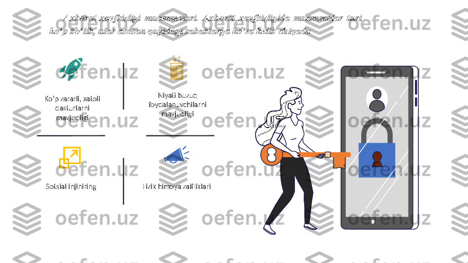 Koʻp zararli, xatoli 
dasturlarni 
mavjudligi Niyati buzuq 
foydalanuvchilarni 
mavjudligi
Sotsial injiniring Fizik himoya zaifliklari Axborot  xavfsizligi  muammolari.  Axborot  xavfsizligida  muammolar  turi 
ko p bo lib, ular asosan quyidagi sabablarga ko ra kelib chiqadi: ʻ ʻ ʻ 