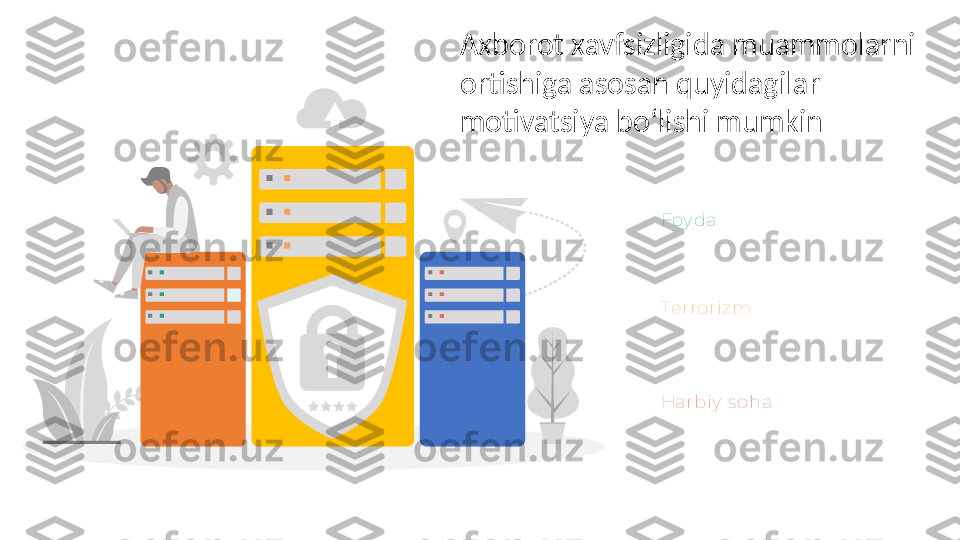 Axborot xavfsizligida muammolarni 
ortishiga asosan quyidagilar 
motivatsiya boʻlishi mumkin
Foy da 
Terroriz m 
Harbiy  s oha 