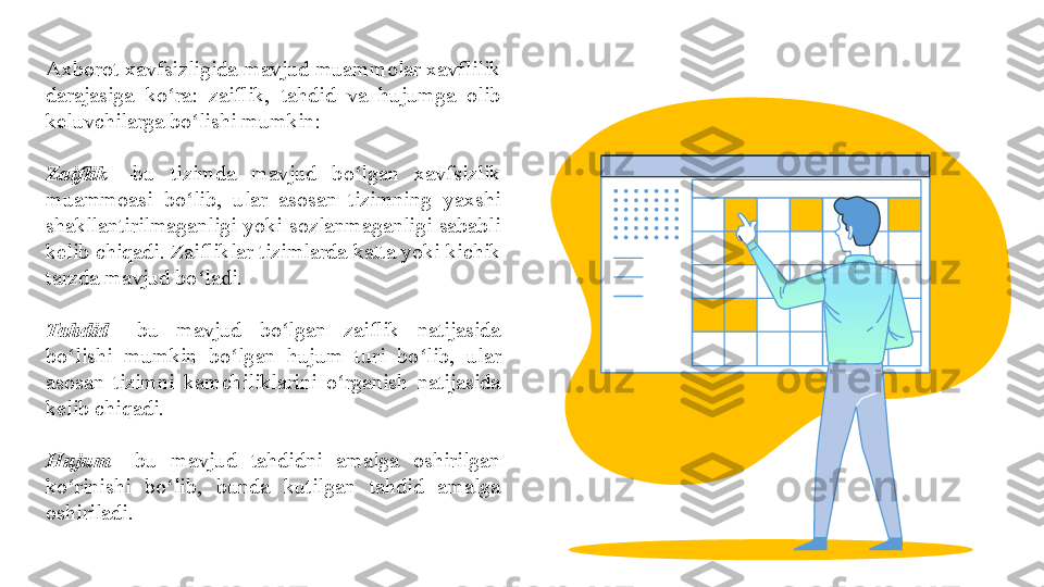 Axborot xavfsizligida	 mavjud	 muammolar	 xavflilik	 
darajasiga	
 	ko ra:	 	zaiflik,	 	tahdid	 	va	 	hujumga	 	olib	 	ʻ
keluvchilarga
 bo lishi	 mumkin:	 	ʻ
Zaiflik   – bu	
 	tizimda	 	mavjud	 	bo lgan	 	xavfsizlik	 	ʻ
muammoasi	
 	bo lib,	 	ular	 	asosan	 	tizimning	 	yaxshi	 	ʻ
shakllantirilmaganligi	
 yoki	 sozlanmaganligi	 sababli	 
kelib	
 chiqadi.	 Zaifliklar	 tizimlarda	 katta	 yoki	 kichik	 
tarzda	
 mavjud	 bo ladi.	 	ʻ
Tahdid   – bu	
 	mavjud	 	bo lgan	 	zaiflik	 	natijasida	 	ʻ
bo lishi	
 	mumkin	 	bo lgan	 	hujum	 	turi	 	bo lib,	 	ular	 	ʻ ʻ ʻ
asosan	
 tizimni	 kamchiliklarini	 o rganish	 natijasida	 	ʻ
kelib	
 chiqadi.	 
Hujum   – bu
 	mavjud	 	tahdidni	 	amalga	 	oshirilgan	 
ko rinishi	
 	bo lib,	 	bunda	 	kutilgan	 	tahdid	 	amalga	 	ʻ ʻ
oshiriladi. 